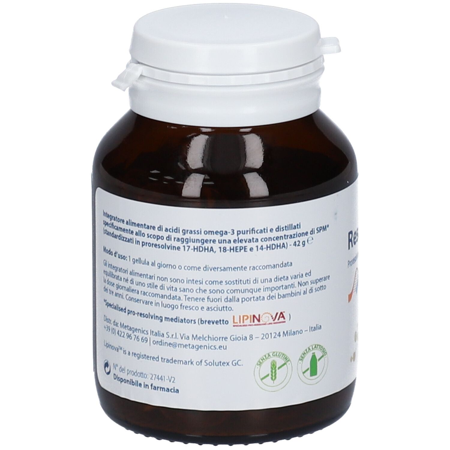 Flacone di vetro marrone con coperchio bianco. Retro con testo. Contiene 60 capsule. Scritto: 'Proresolvine naturali da EPA e DHA'.
