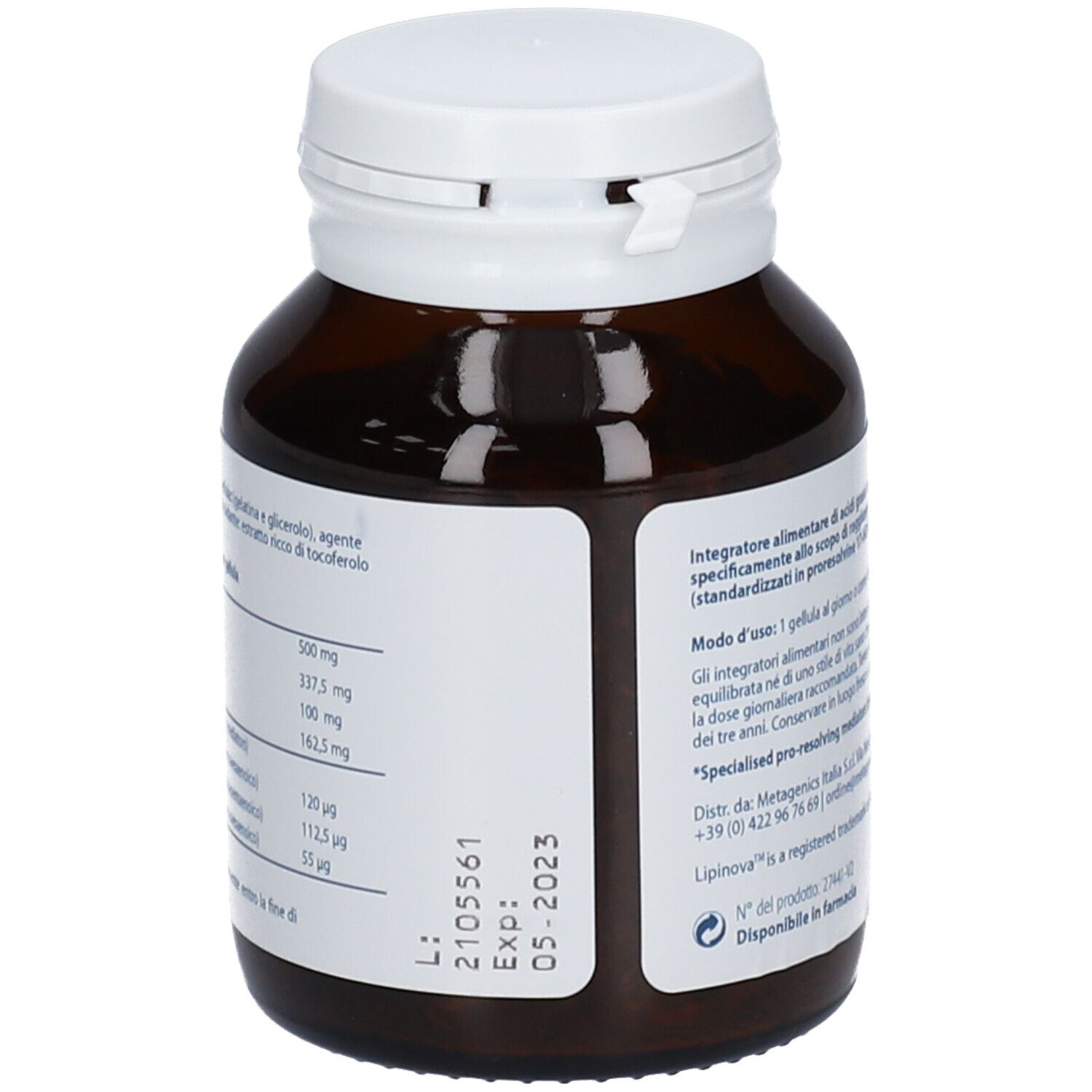 Flacone di vetro marrone con coperchio bianco. Etichetta con informazioni. Contiene 60 capsule. Scritto: 'Proresolvine naturali da EPA e DHA'.
