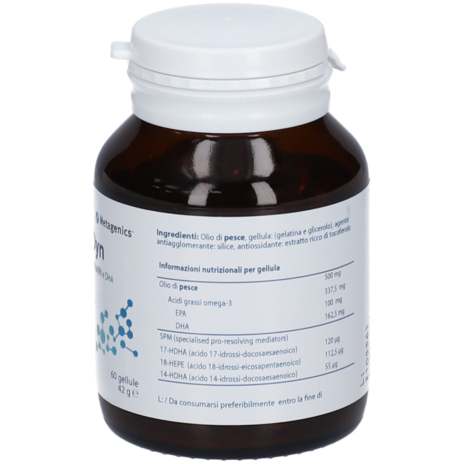 Flacone di vetro marrone con coperchio bianco. Etichetta con informazioni. Contiene 60 capsule. Scritto: 'Proresolvine naturali da EPA e DHA'.