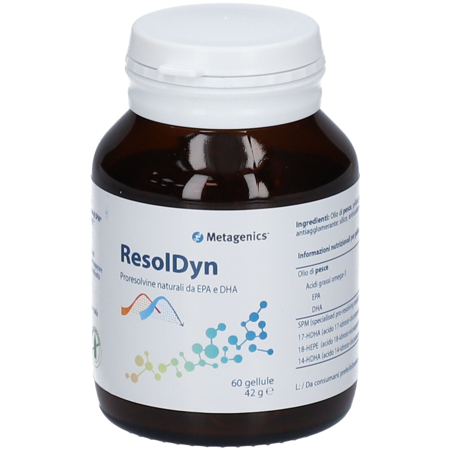 Flacone di vetro marrone con coperchio bianco. Etichetta con 'ResolDyn' e logo 'Metagenics'. Contiene 60 capsule. Scritto: 'Proresolvine naturali da EPA e DHA'.