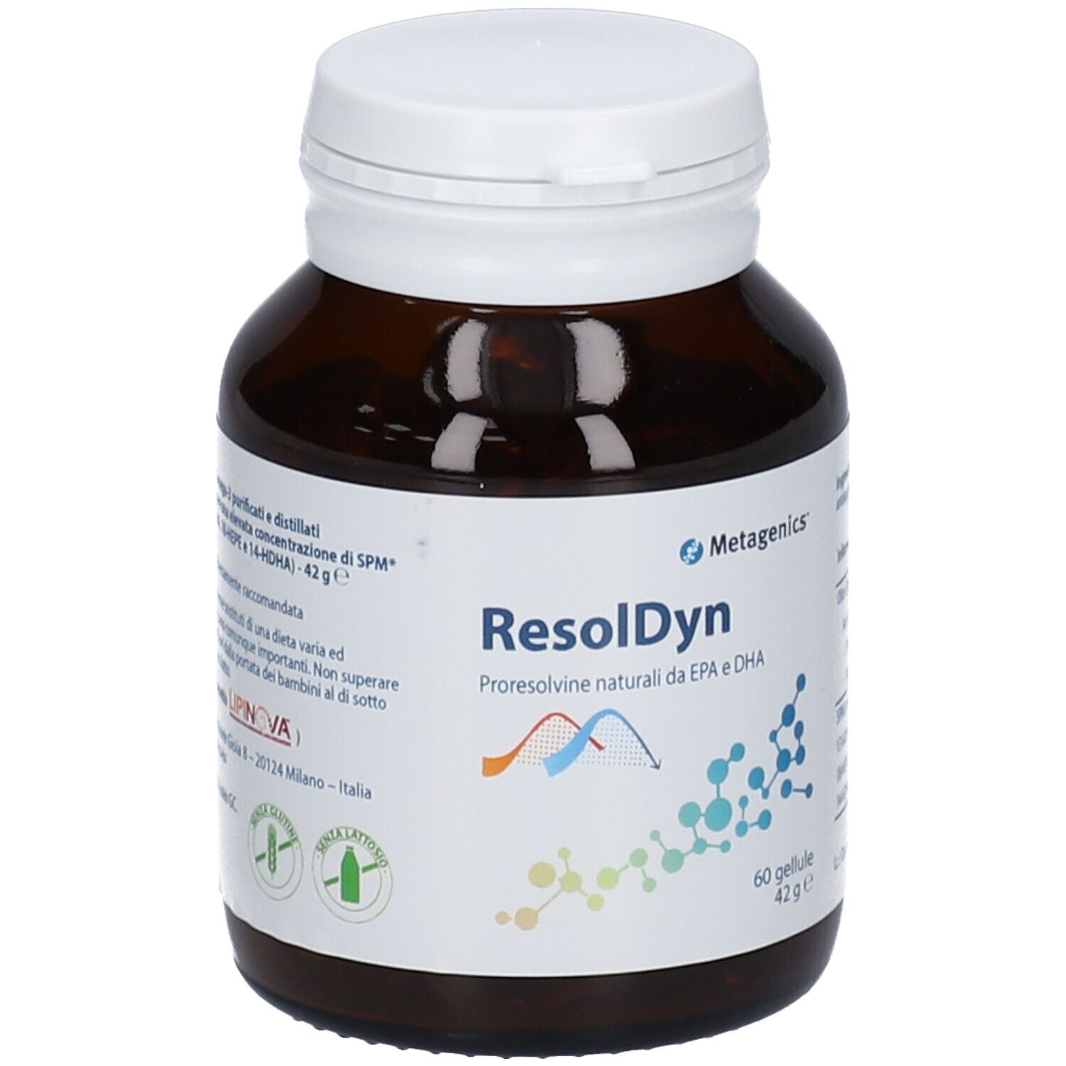 Flacone di vetro marrone con coperchio bianco. Etichetta con 'ResolDyn' e logo 'Metagenics'. Contiene 60 capsule. Scritto: 'Proresolvine naturali da EPA e DHA'.
