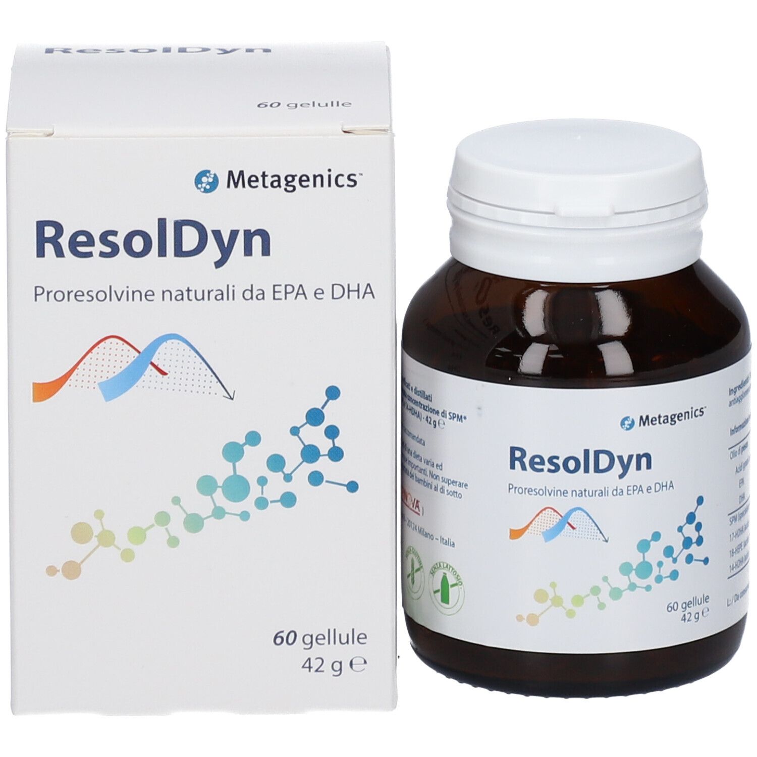 Confezione del prodotto: flacone di vetro marrone e scatola bianca. 'ResolDyn' e logo 'Metagenics'. Contiene 60 capsule. Scritto: 'Proresolvine naturali da EPA e DHA'.