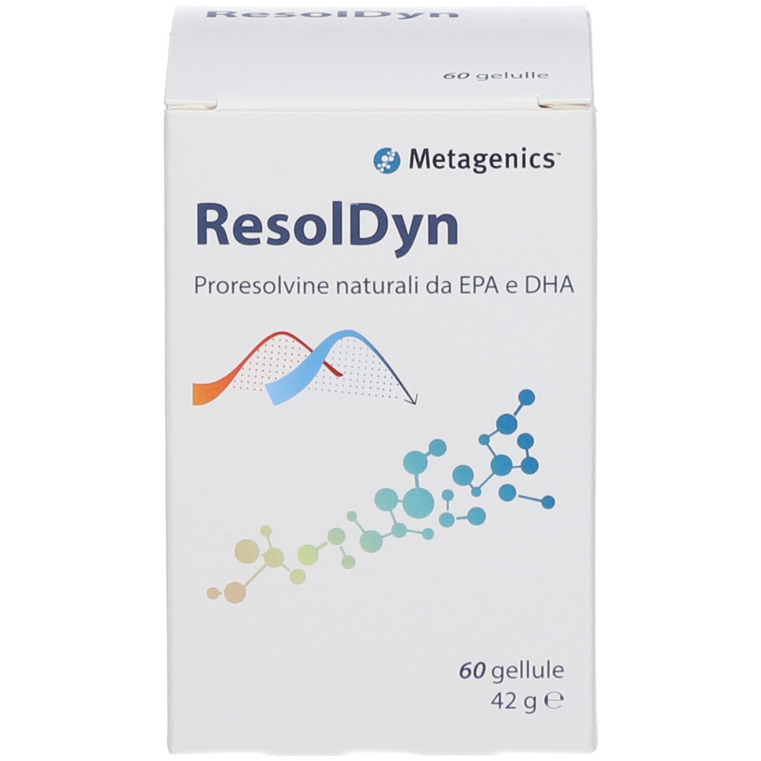 Scatola bianca con 'ResolDyn' e logo 'Metagenics'. Contiene 60 capsule. Scritto: 'Proresolvine naturali da EPA e DHA'.