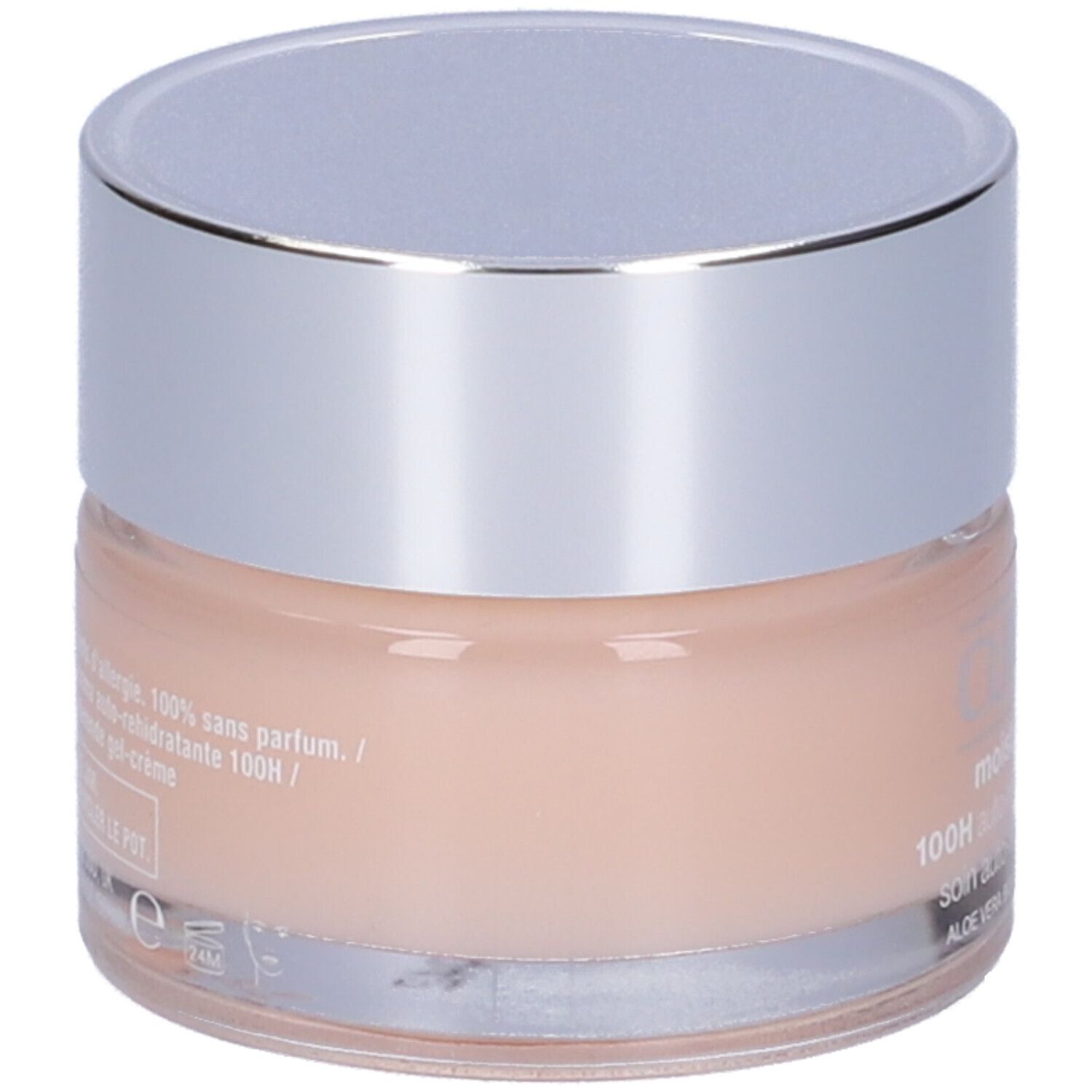 Vaso di crema con coperchio argentato. Scritta: Clinique, moisture surge, 100H auto-replenishing hydrator. Testo sul retro.