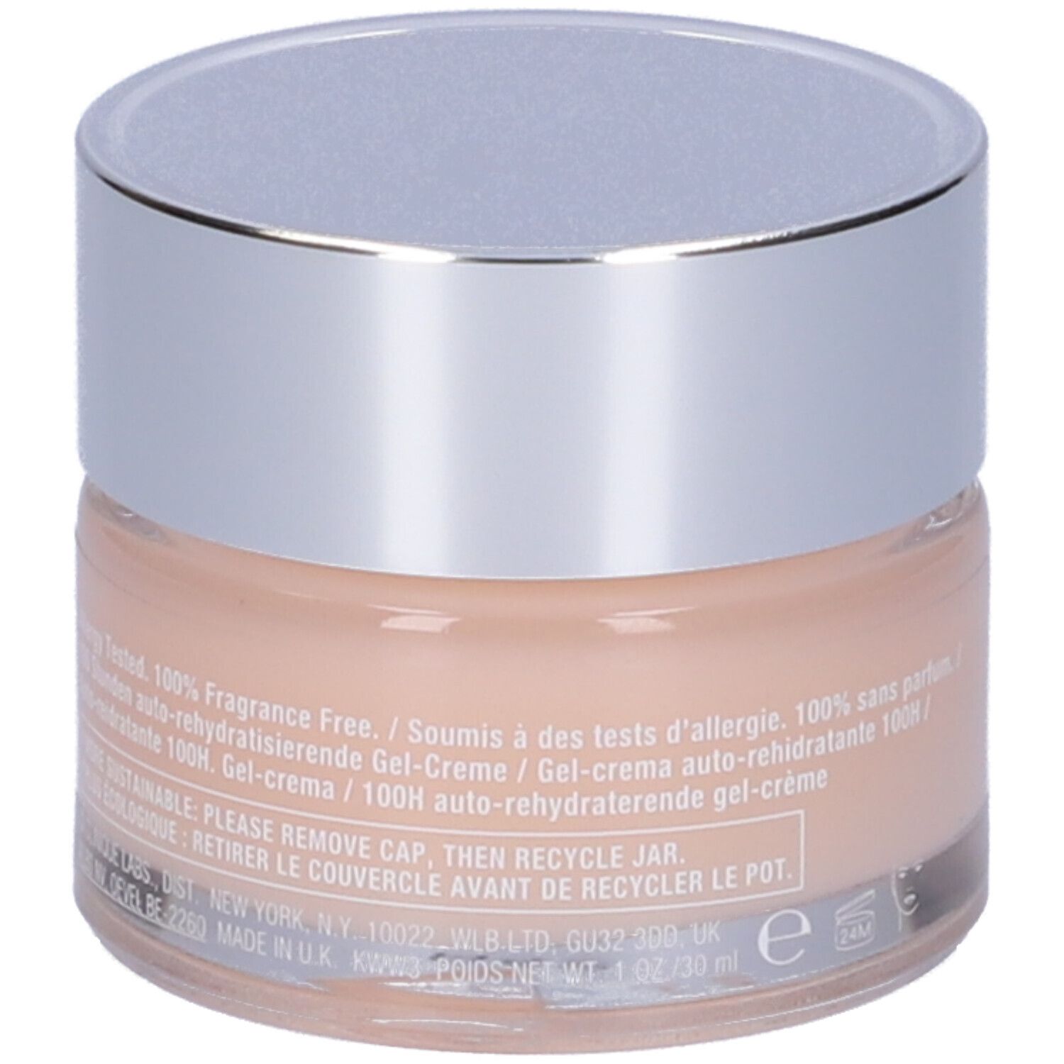 Vaso di crema con coperchio argentato. Scritta: Clinique, moisture surge, 100H auto-replenishing hydrator. Testo sul retro.