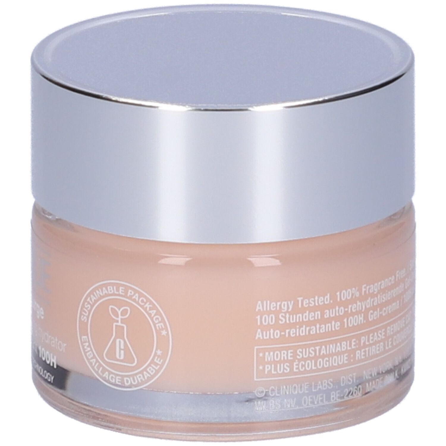 Vaso di crema con coperchio argentato. Scritta: Clinique, moisture surge, 100H auto-replenishing hydrator. Imballaggio sostenibile.