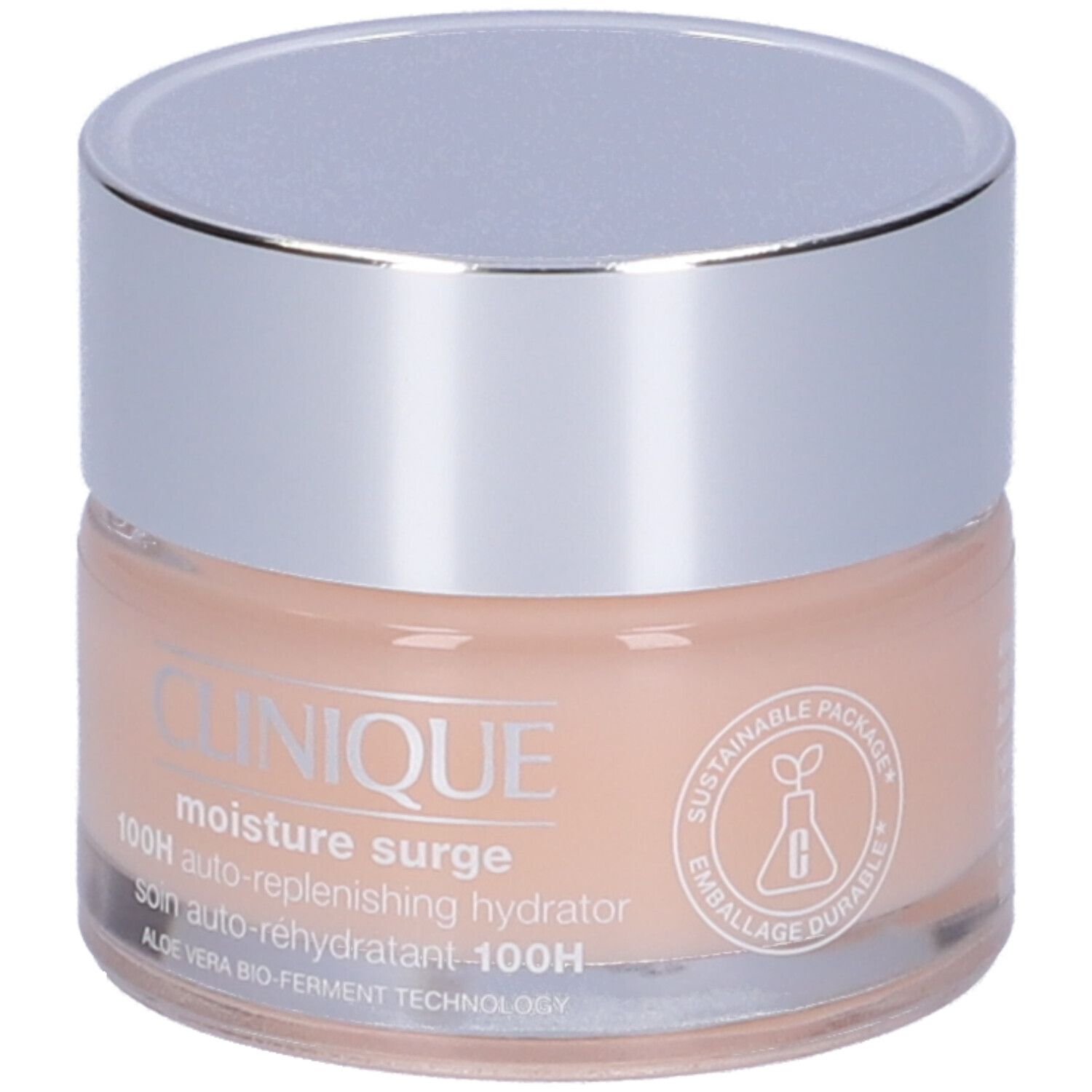 Vaso di crema con coperchio argentato. Scritta: Clinique, moisture surge, 100H auto-replenishing hydrator. Imballaggio sostenibile.