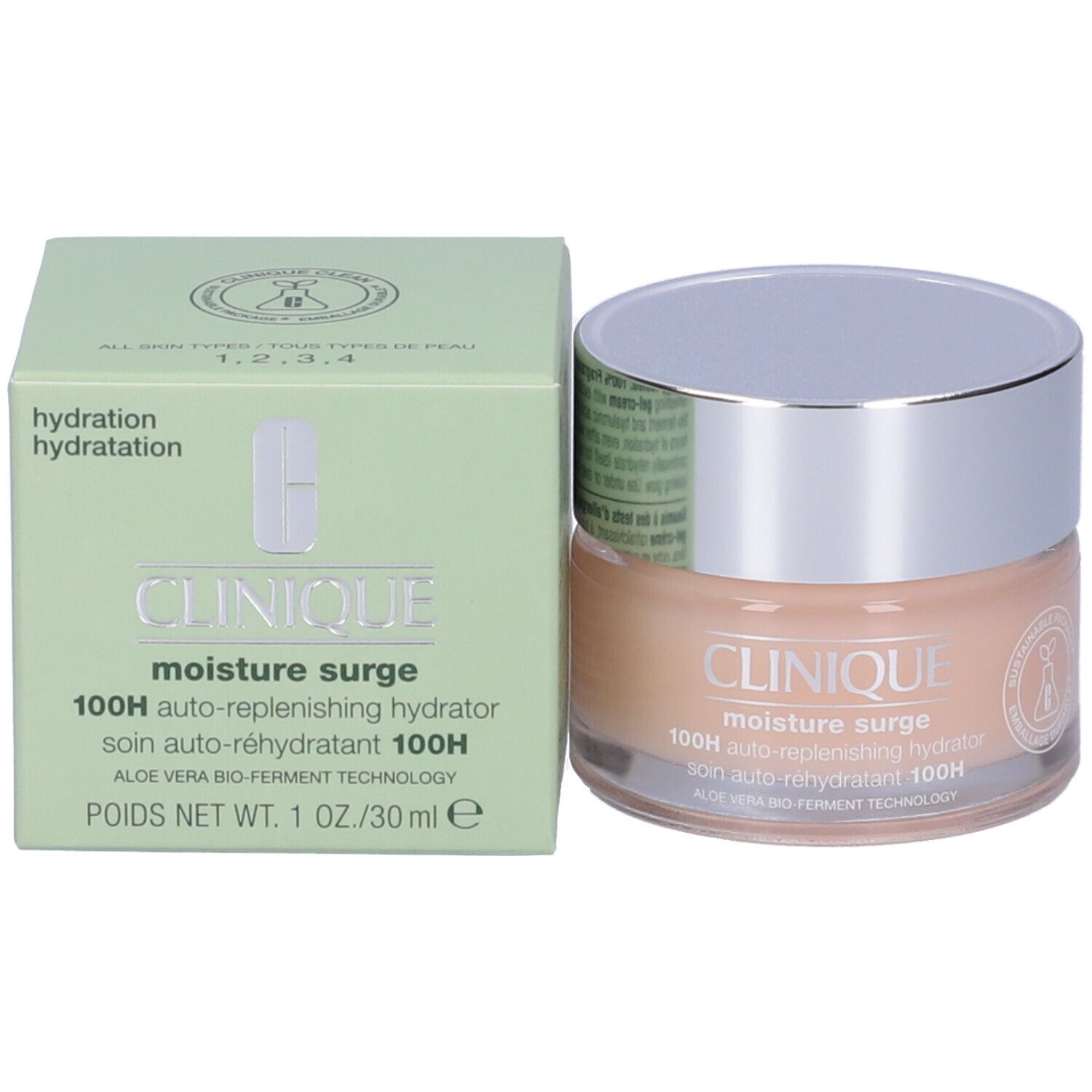 Vaso di crema e scatola. Scritta: Clinique, moisture surge, 100H auto-replenishing hydrator. Scatola verde.