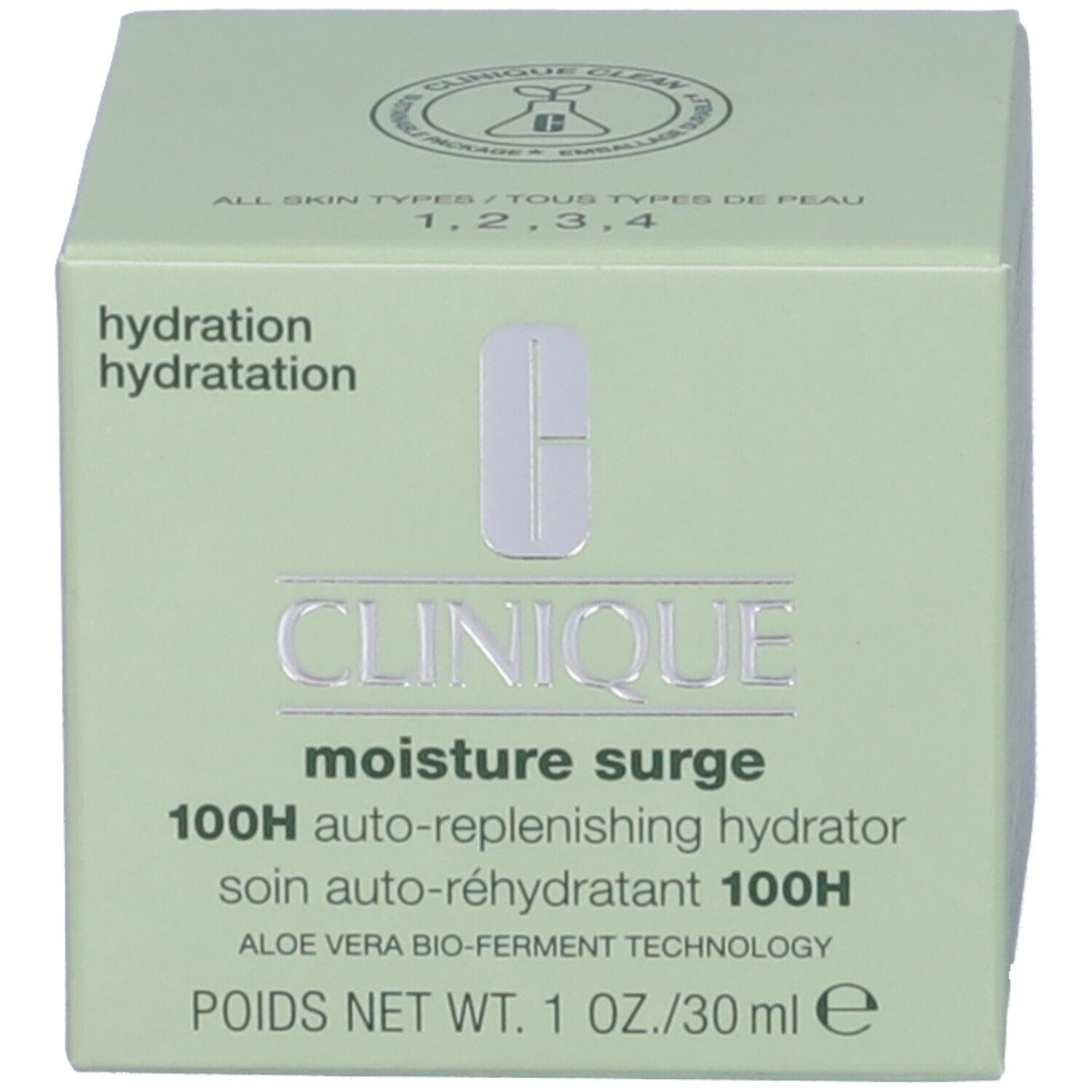 Scatola verde. Scritta: Clinique, moisture surge, 100H auto-replenishing hydrator. Con informazioni sul prodotto.
