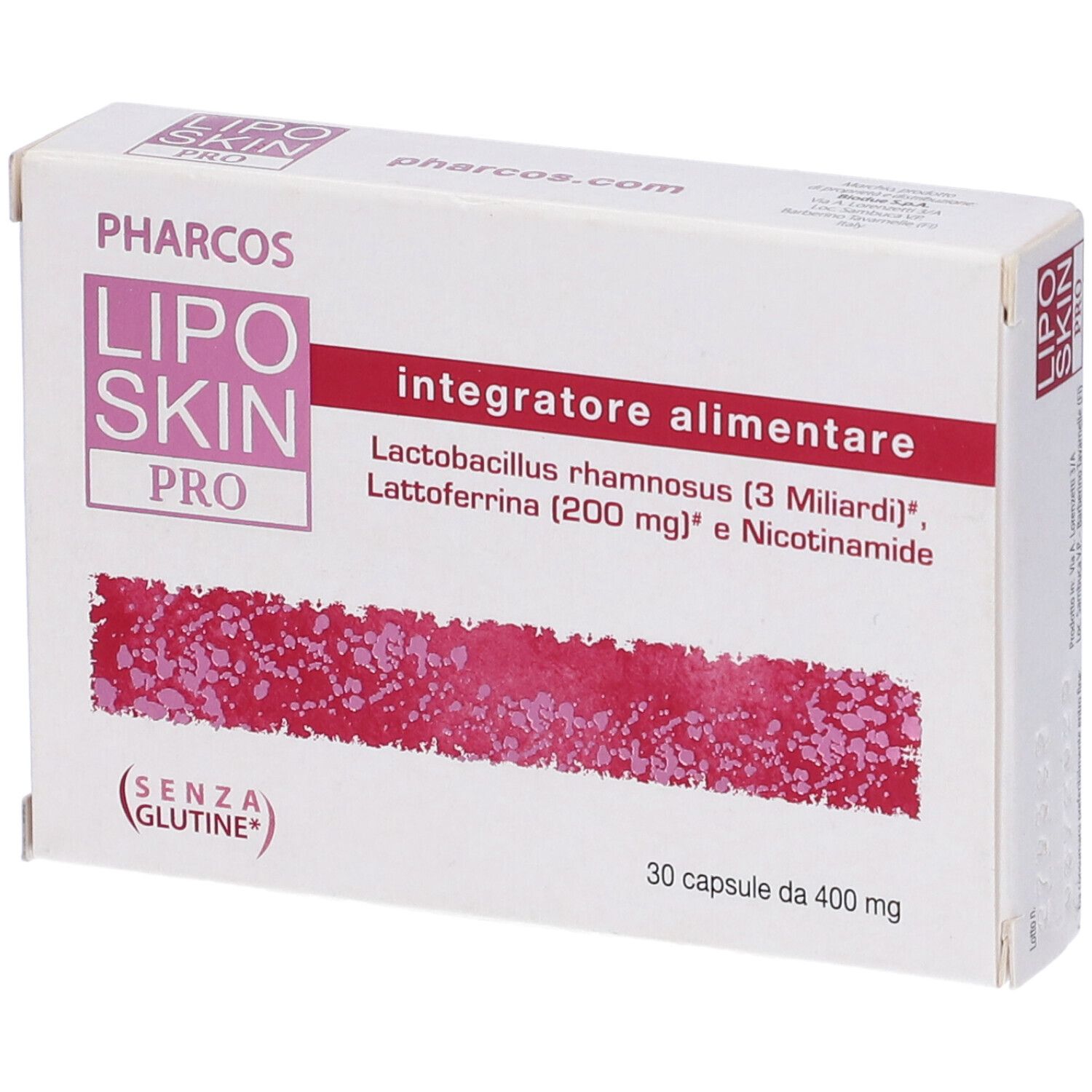 Scatola di Liposkin Pro Pharcos, 30 capsule. Contiene: Integratore alimentare, senza glutine.