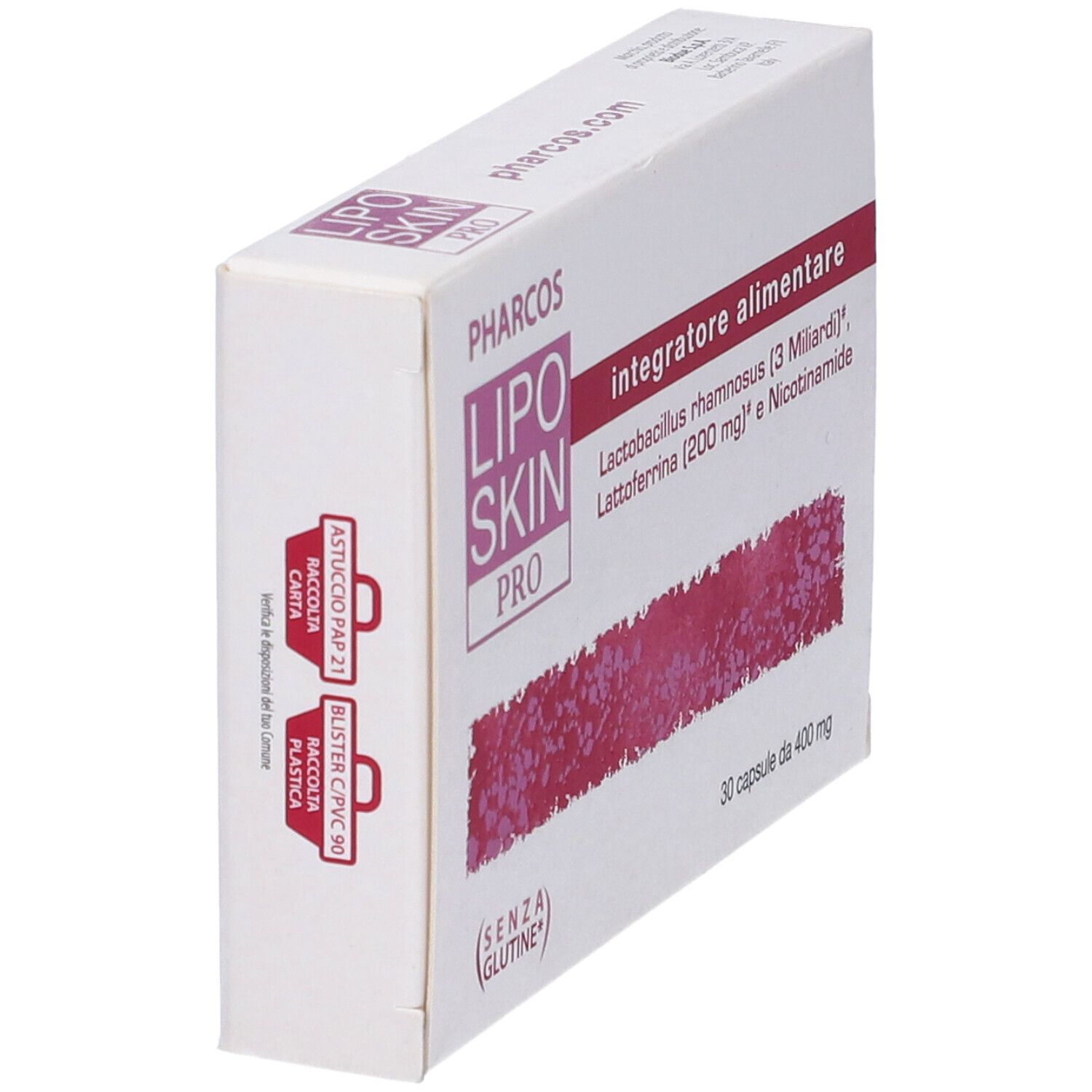Vista laterale della scatola Liposkin Pro Pharcos. Contiene: Integratore alimentare, senza glutine.