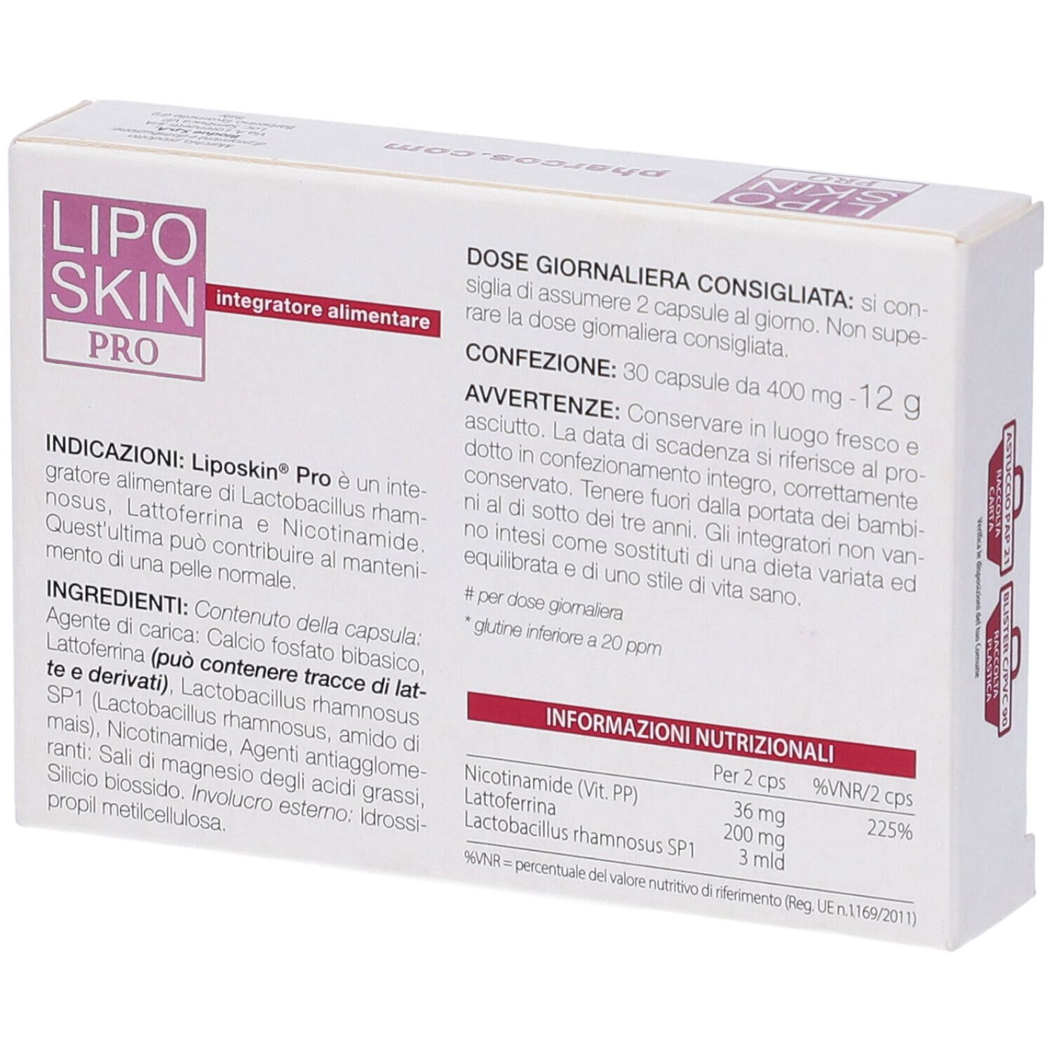 Retro della scatola Liposkin Pro Pharcos. Contiene: Integratore alimentare, dosaggio.