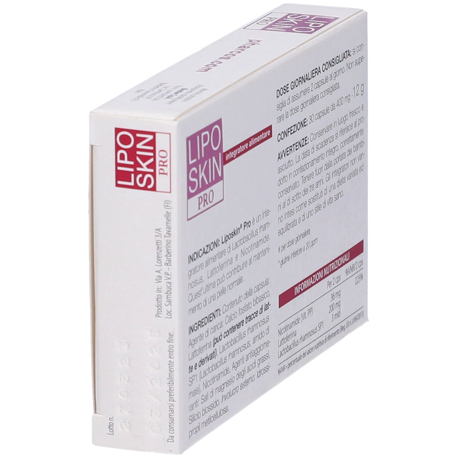 Scatola Liposkin Pro Pharcos, vista obliqua. Contiene: Integratore alimentare, dosaggio.