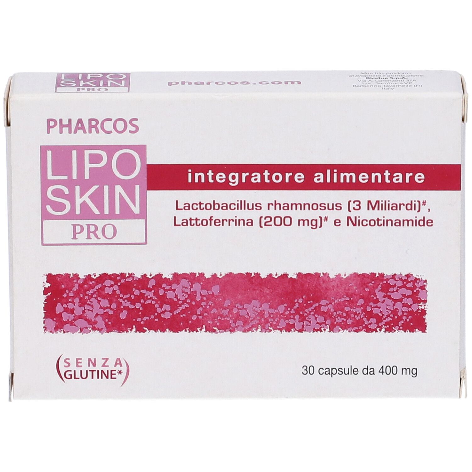 Scatola di Liposkin Pro Pharcos, 30 capsule. Contiene: Integratore alimentare, senza glutine.
