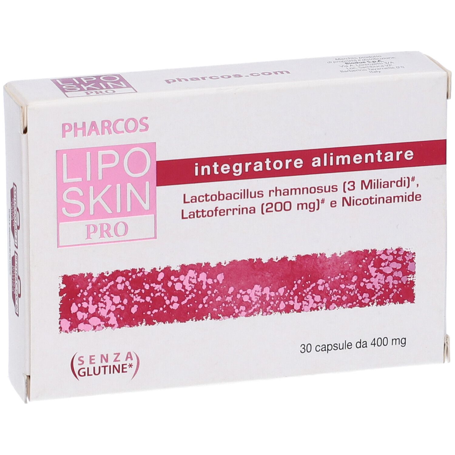 Scatola di Liposkin Pro Pharcos, 30 capsule. Contiene: Integratore alimentare, senza glutine.