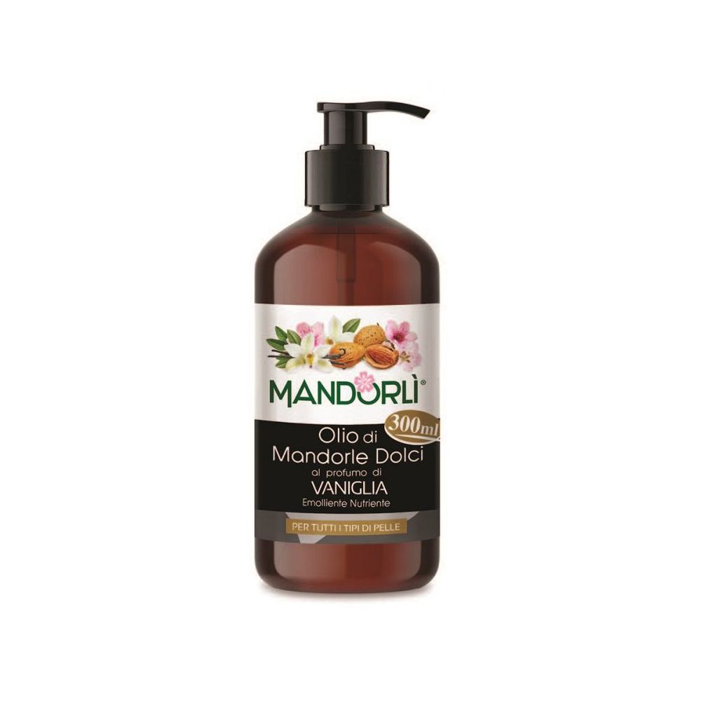 Flacone marrone con dosatore nero. Scritta: MANDORLÌ, Olio di Mandorle Dolci al profumo di VANIGLIA. 300ml.