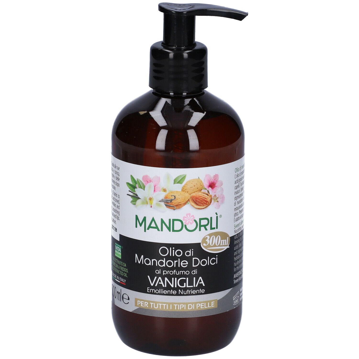 Flacone marrone con dosatore nero. Scritta: MANDORLÌ, Olio di Mandorle Dolci al profumo di VANIGLIA. 300ml.