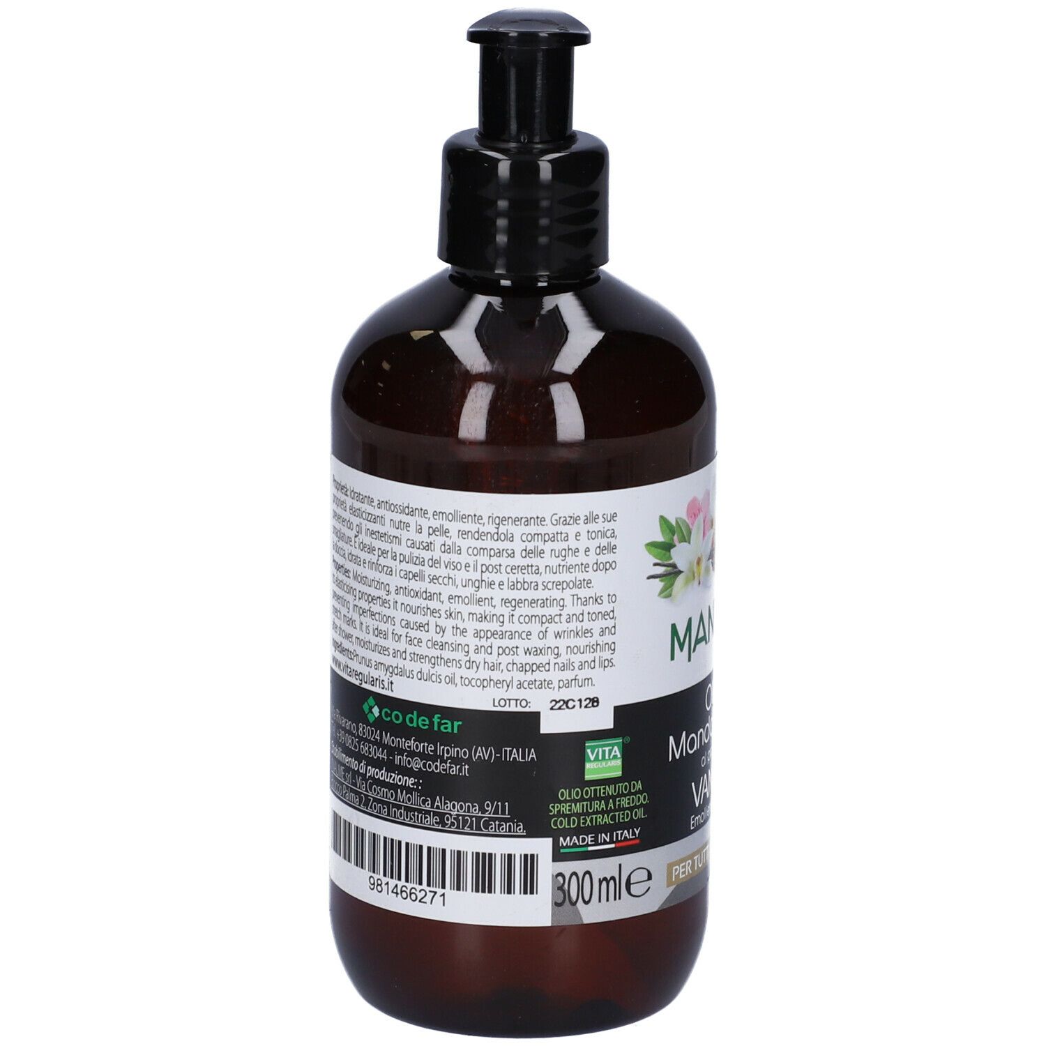 Flacone marrone con dosatore nero. Scritta: MANDORLÌ, Olio di Mandorle Dolci al profumo di VANIGLIA. 300ml.