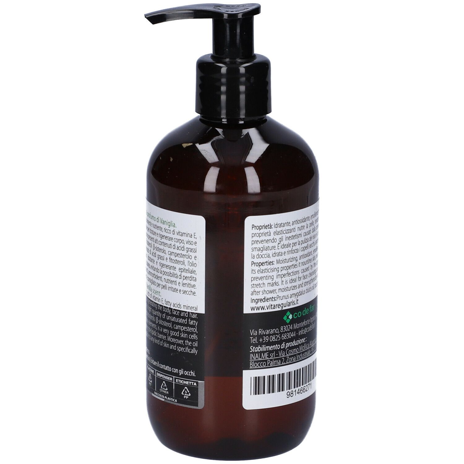 Flacone marrone con dosatore nero. Scritta: MANDORLÌ, Olio di Mandorle Dolci al profumo di VANIGLIA. 300ml.