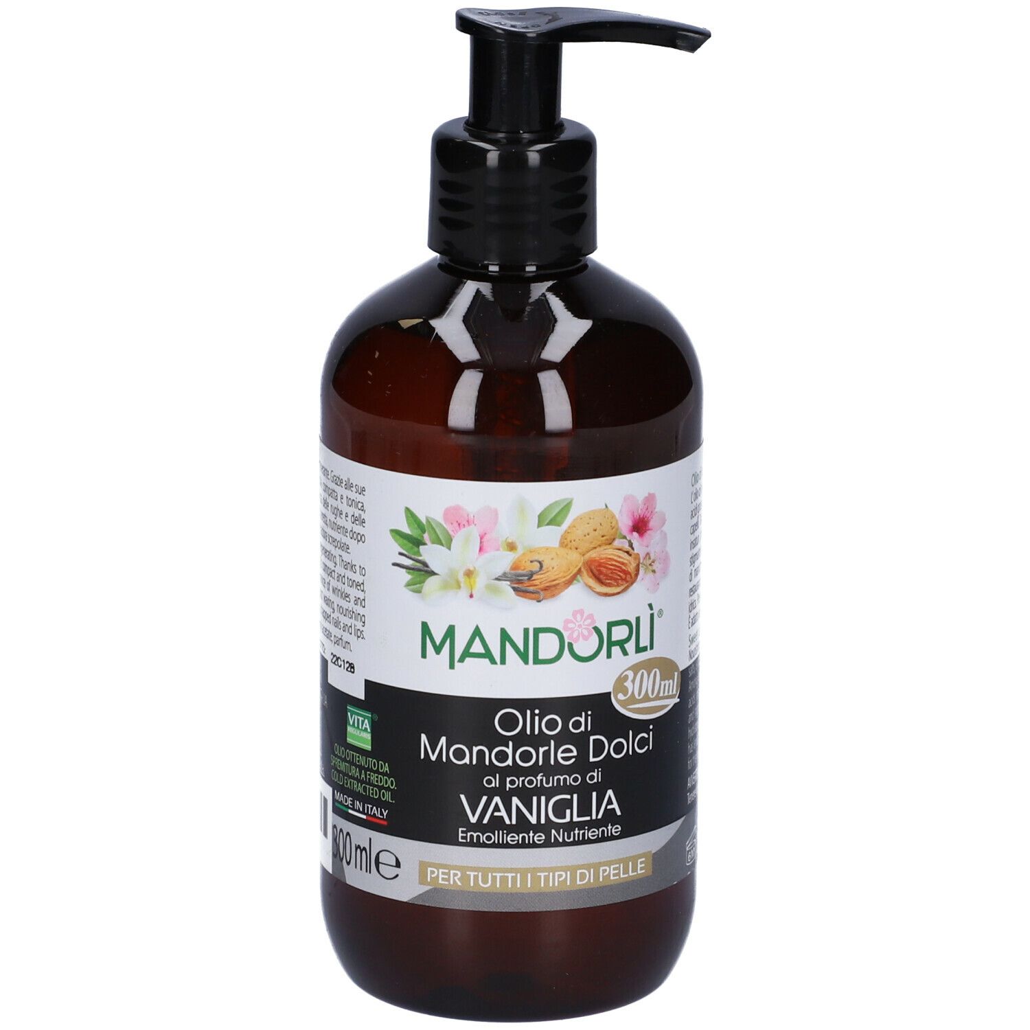 Flacone marrone con dosatore nero. Scritta: MANDORLÌ, Olio di Mandorle Dolci al profumo di VANIGLIA. 300ml.