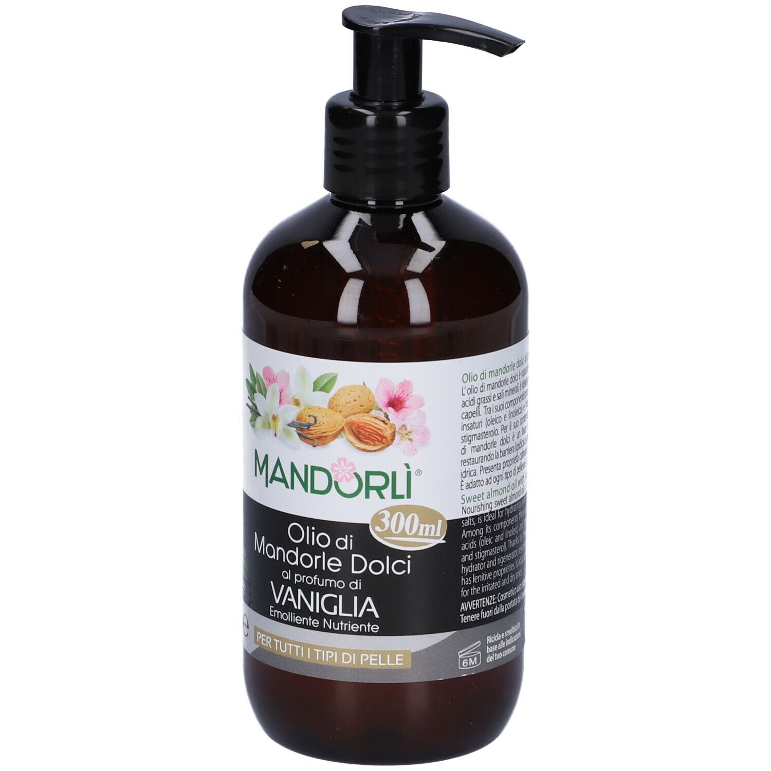 Flacone marrone con dosatore nero. Scritta: MANDORLÌ, Olio di Mandorle Dolci al profumo di VANIGLIA. 300ml.