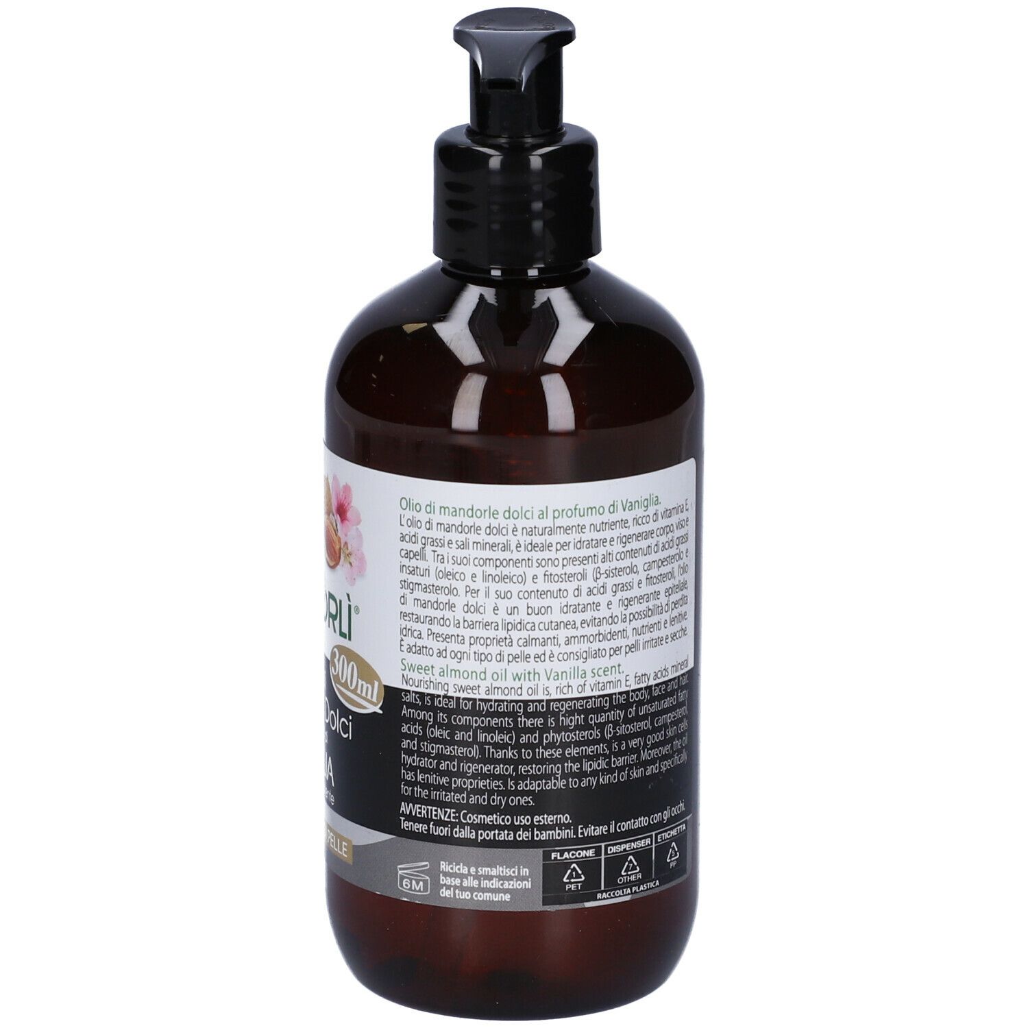 Flacone marrone con dosatore nero. Scritta: MANDORLÌ, Olio di Mandorle Dolci al profumo di VANIGLIA. 300ml.