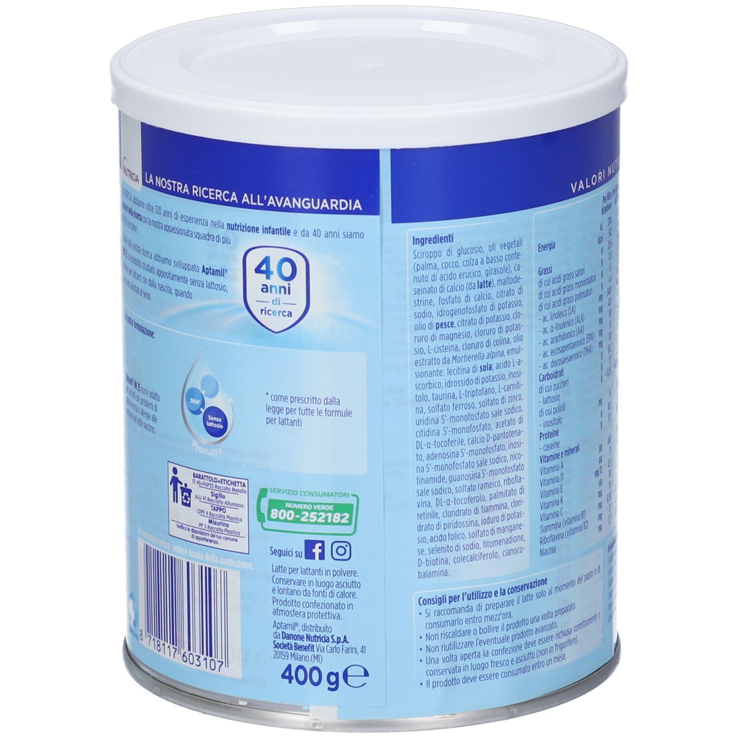 Lato della lattina Aptamil HN 25 con elenco ingredienti e codice a barre.
