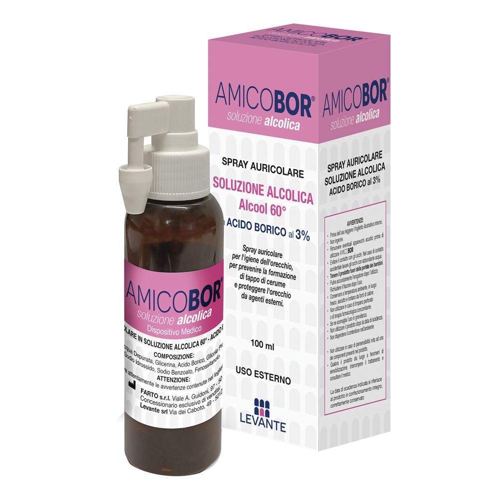 Flacone marrone con spruzzatore bianco ed etichetta rosa. Scritta: Amicobor, soluzione per irrigazione auricolare.