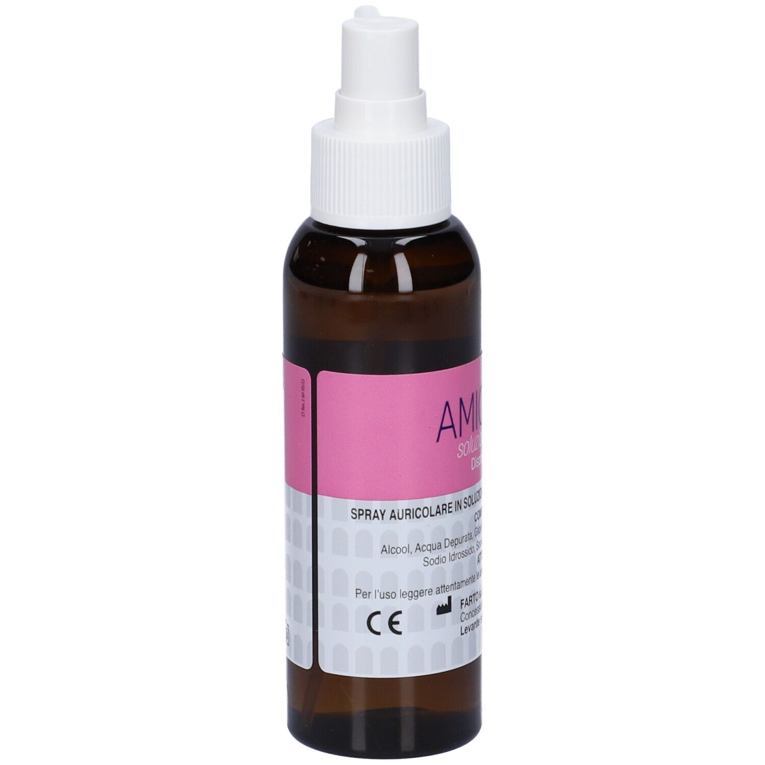 Flacone marrone con spruzzatore bianco ed etichetta rosa. Scritta: Amicobor, soluzione per irrigazione auricolare.