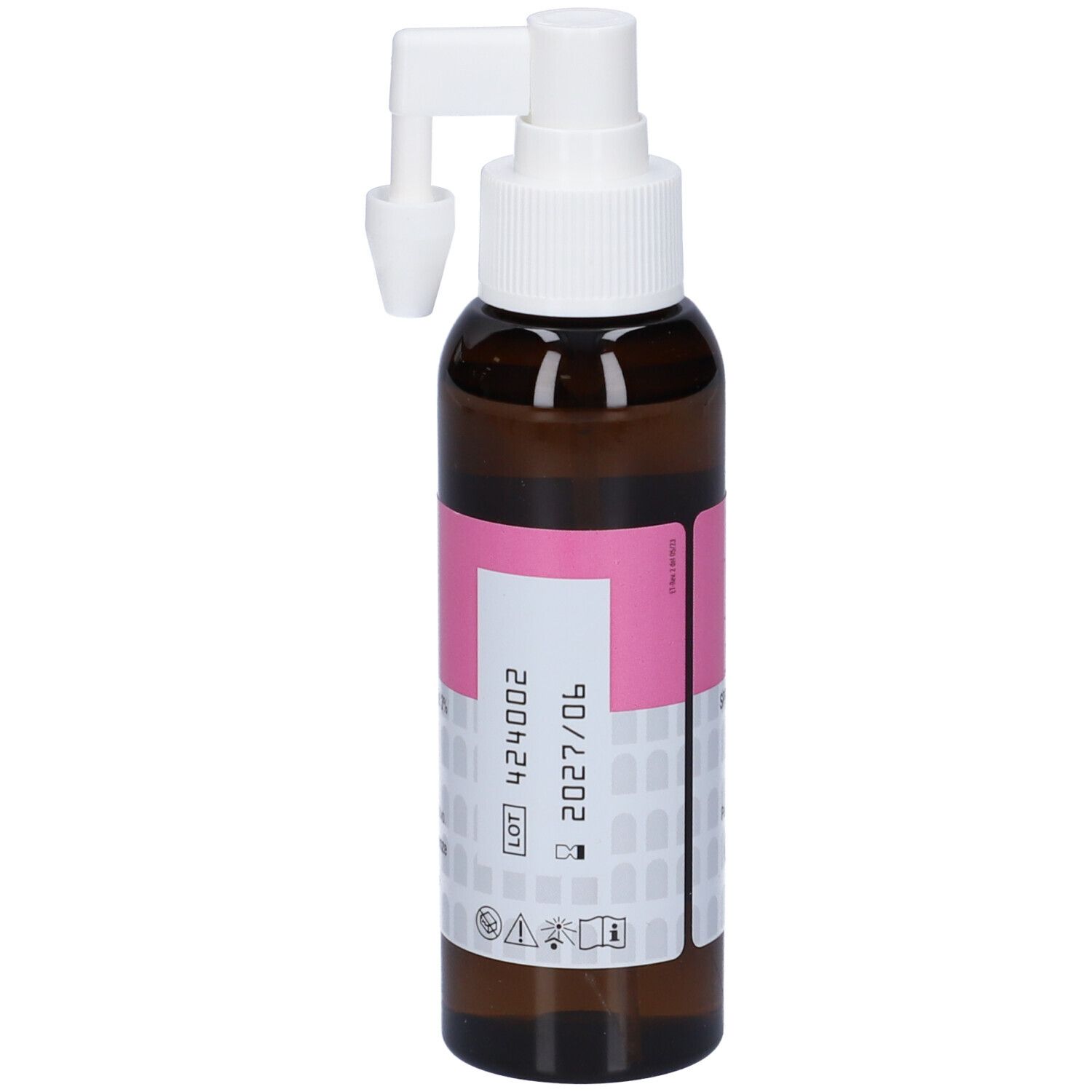 Flacone marrone con spruzzatore bianco ed etichetta rosa. Scritta: Amicobor, soluzione per irrigazione auricolare.