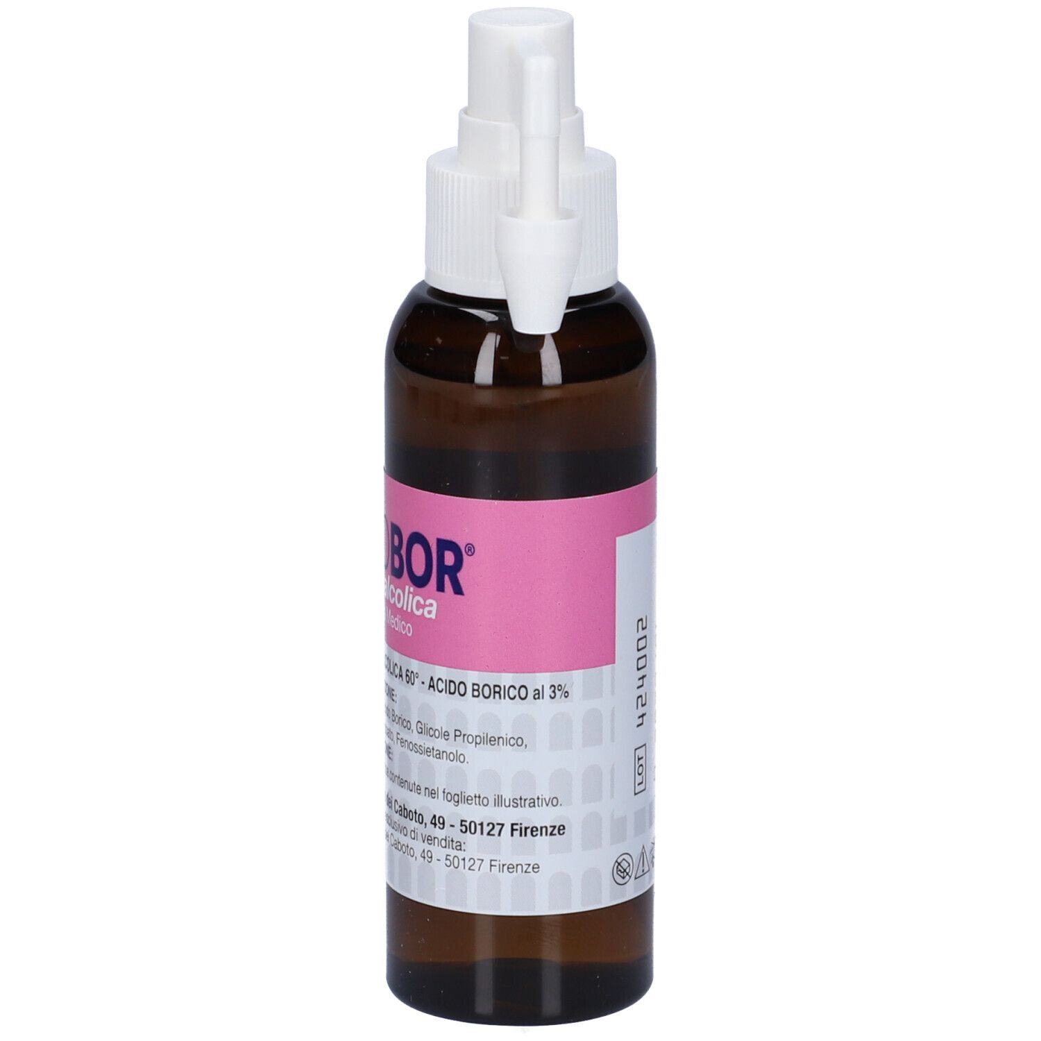 Flacone marrone con spruzzatore bianco ed etichetta rosa. Scritta: Amicobor, soluzione per irrigazione auricolare.