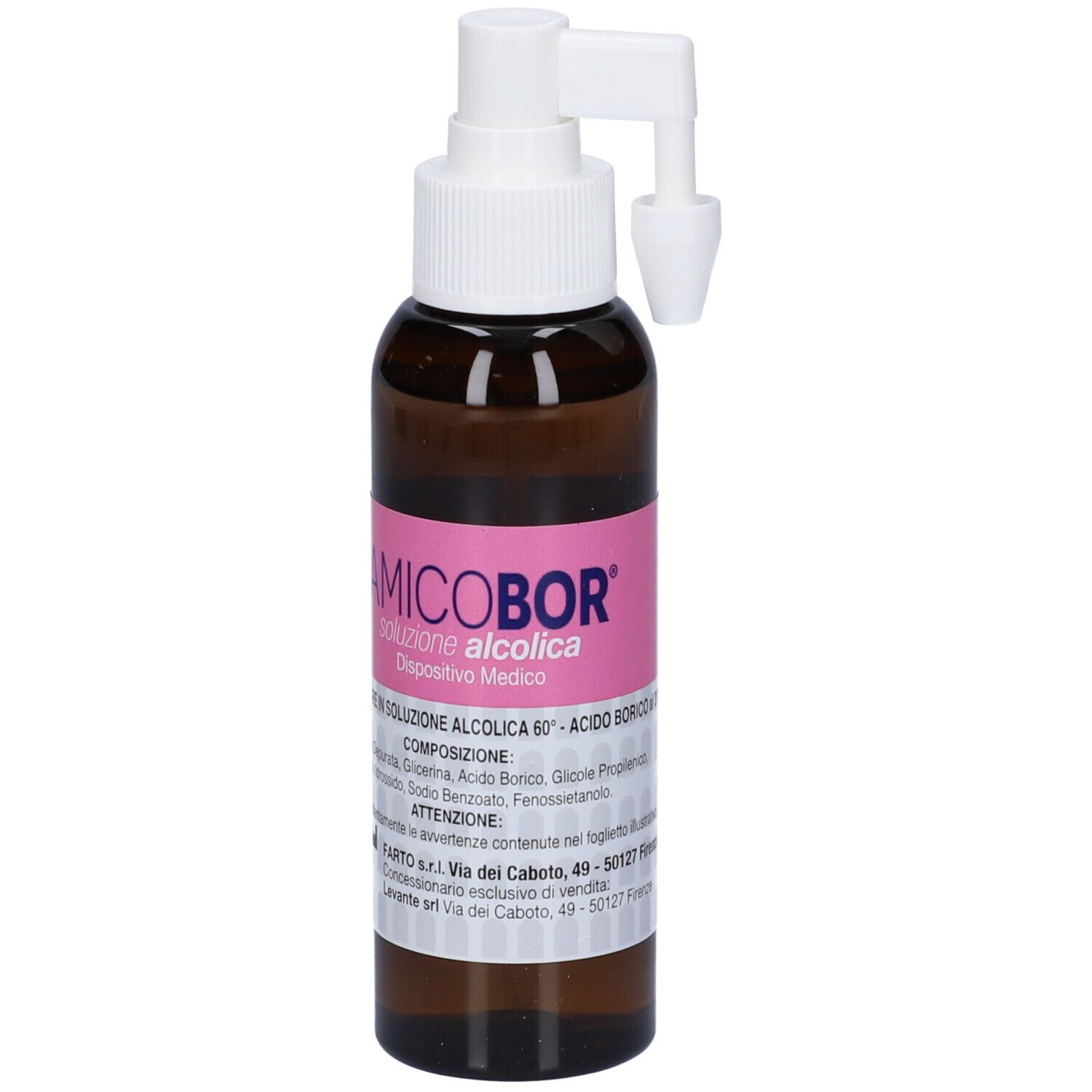 Flacone marrone con spruzzatore bianco ed etichetta rosa. Scritta: Amicobor, soluzione per irrigazione auricolare.