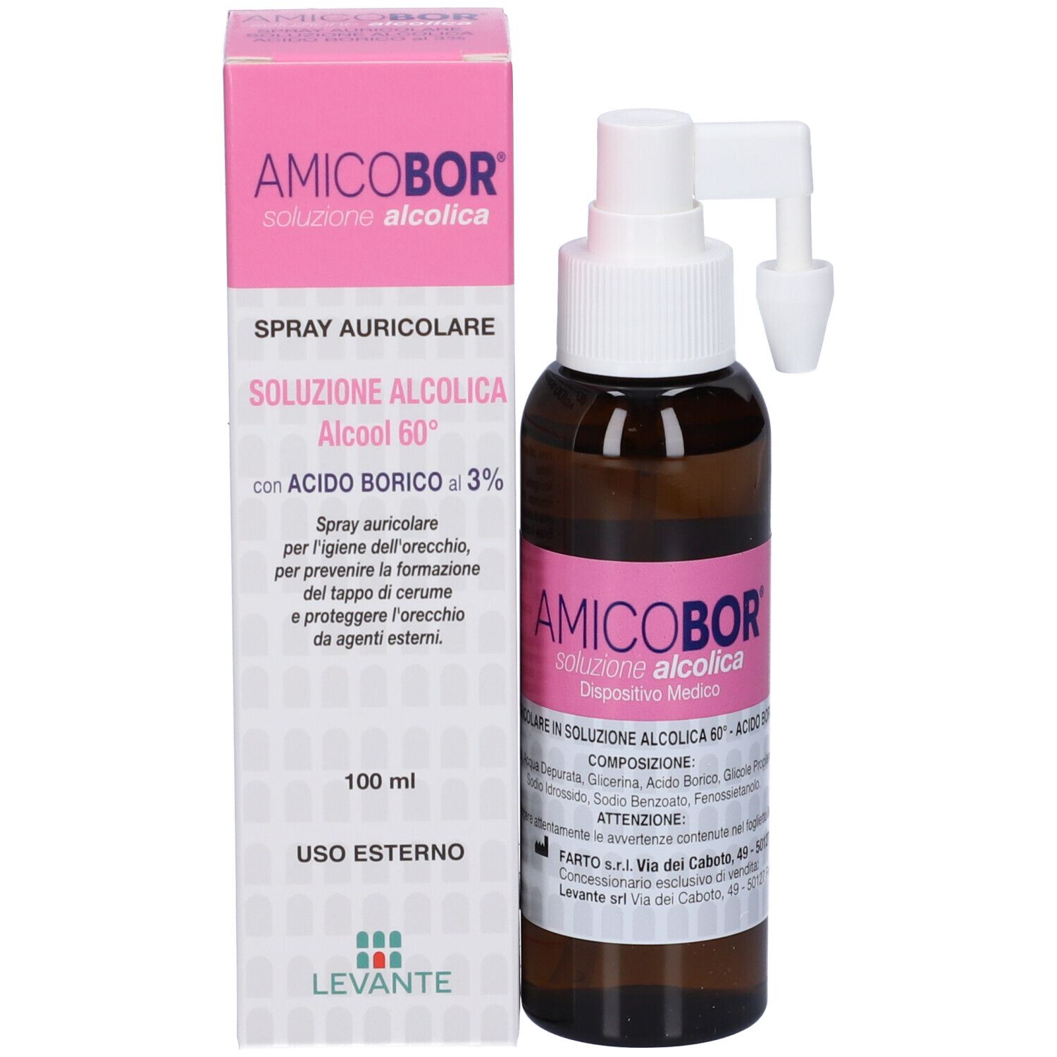 Flacone marrone con spruzzatore bianco ed etichetta rosa. Scritta: Amicobor, soluzione per irrigazione auricolare.