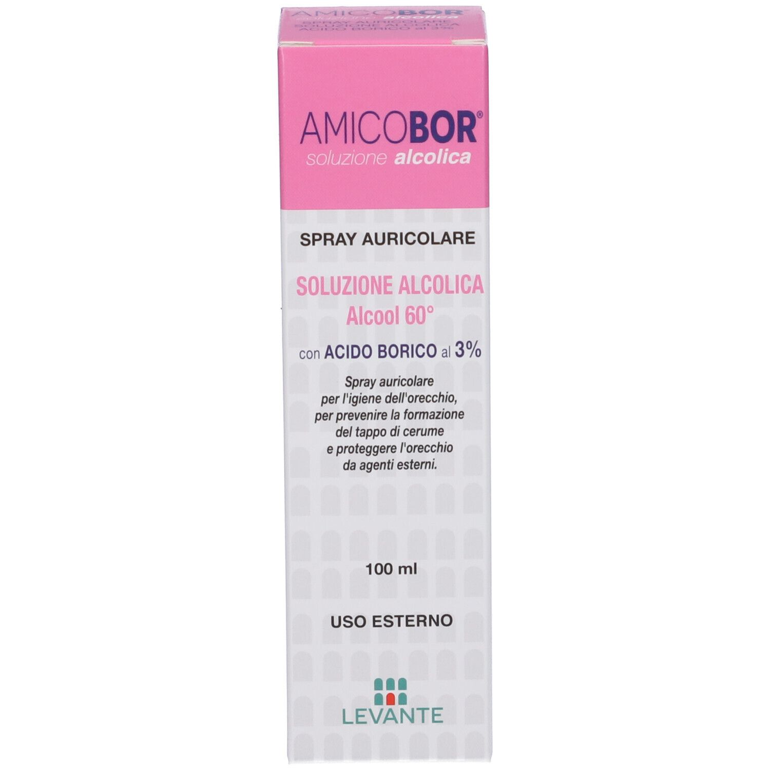 Scatola rosa e bianca con flacone. Scritta: Amicobor, soluzione per irrigazione auricolare. 100 ml.