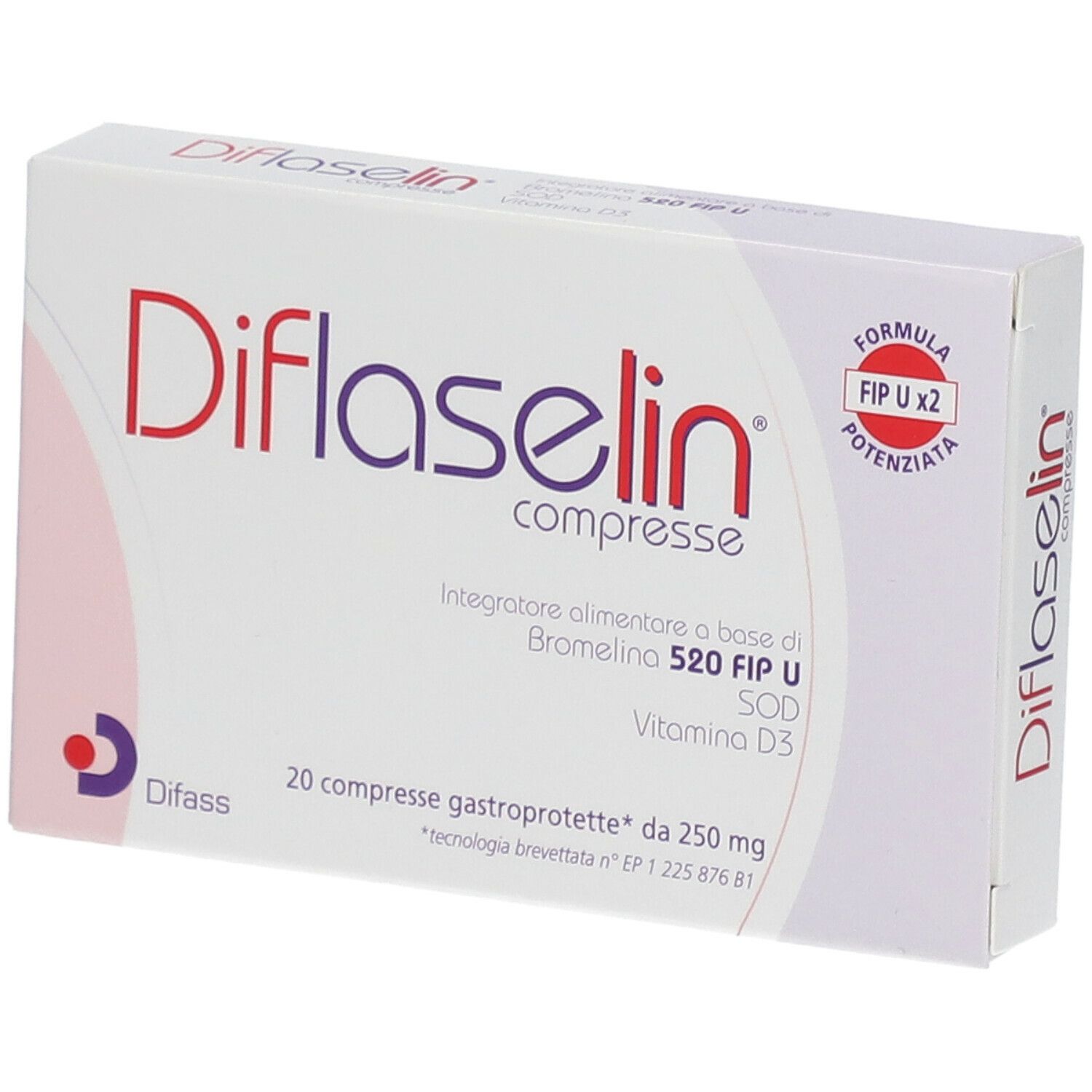 Scatola di "Diflaselin compresse". Contiene 20 compresse. Scritto: Integratore alimentare a base di Bromelina 520 FIP U, SOD, Vitamina D3.