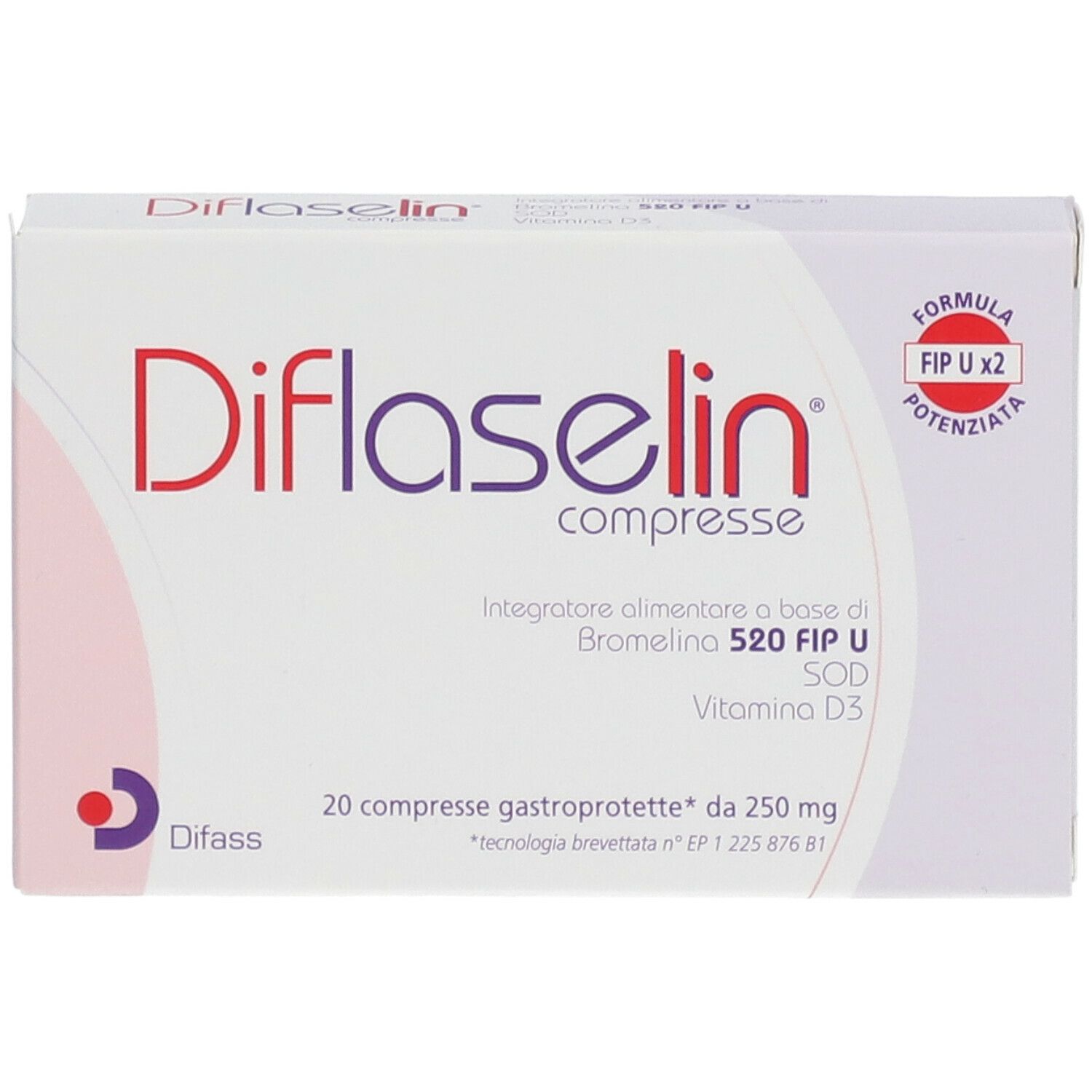 Fronte della scatola "Diflaselin compresse". Scritto: Integratore alimentare a base di Bromelina 520 FIP U, SOD, Vitamina D3. 20 compresse.