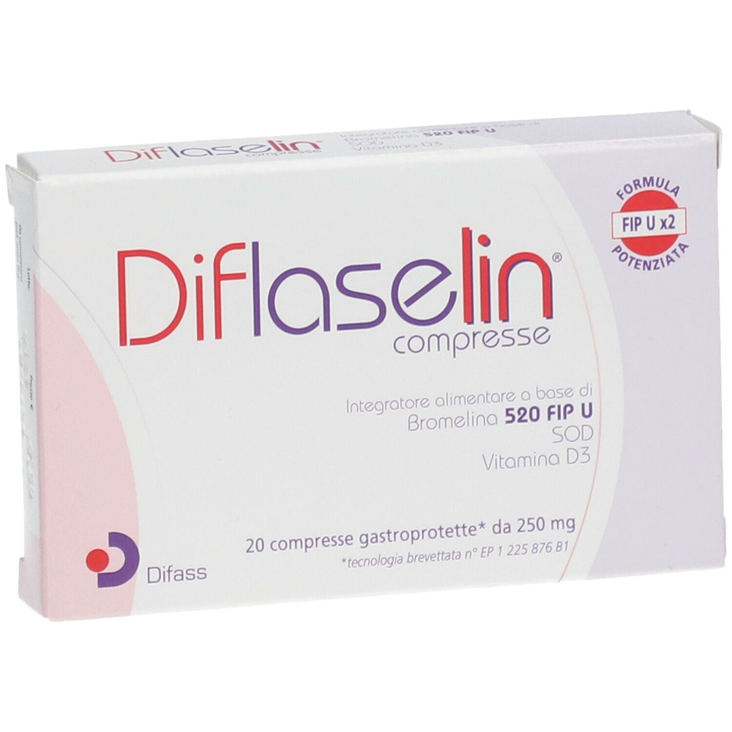 Fronte della scatola "Diflaselin compresse". Scritto: Integratore alimentare a base di Bromelina 520 FIP U, SOD, Vitamina D3. 20 compresse.