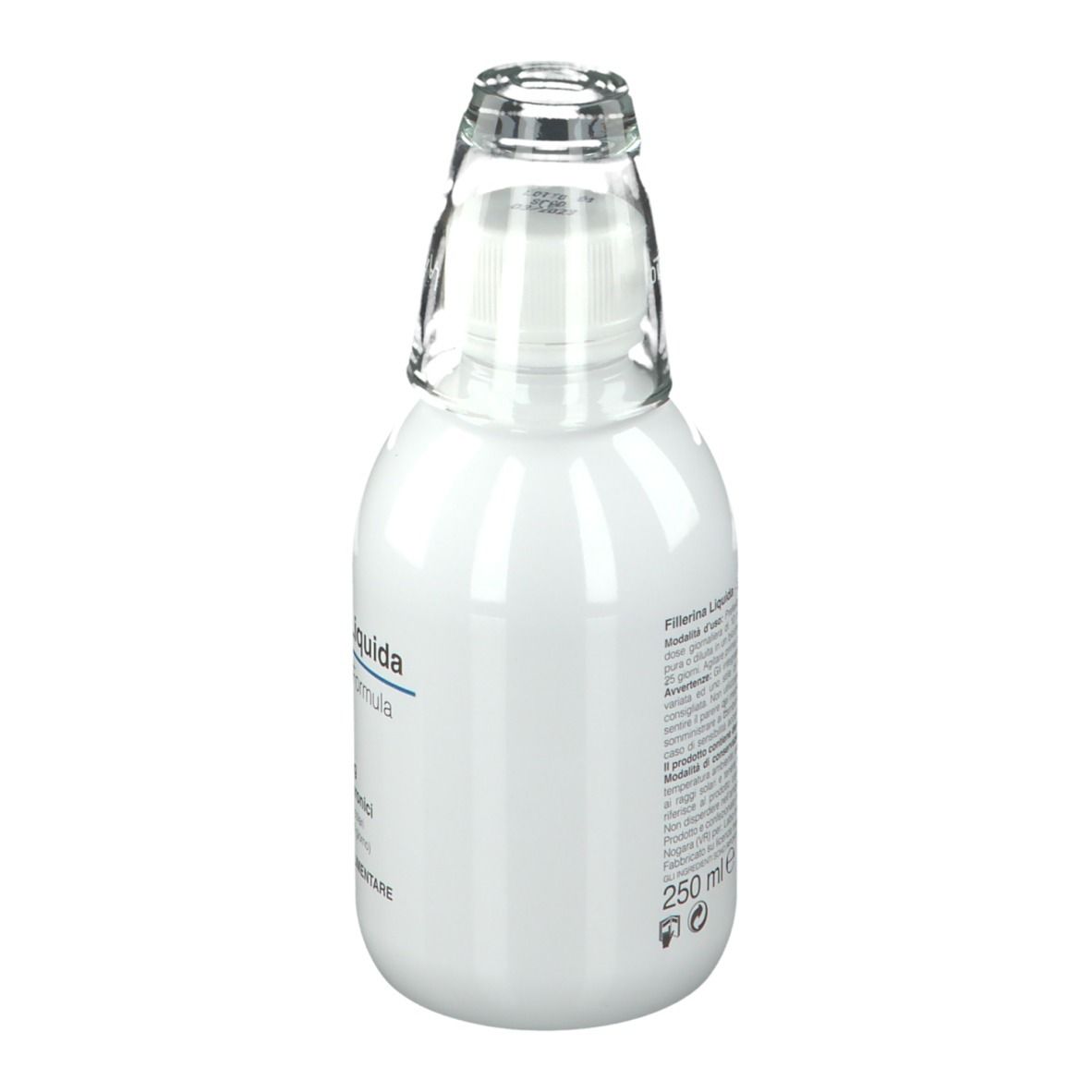 Weiße Flasche mit Glasaufsatz. Aufschrift: Fillerina Liquida. Rückseite mit Produktinformationen.