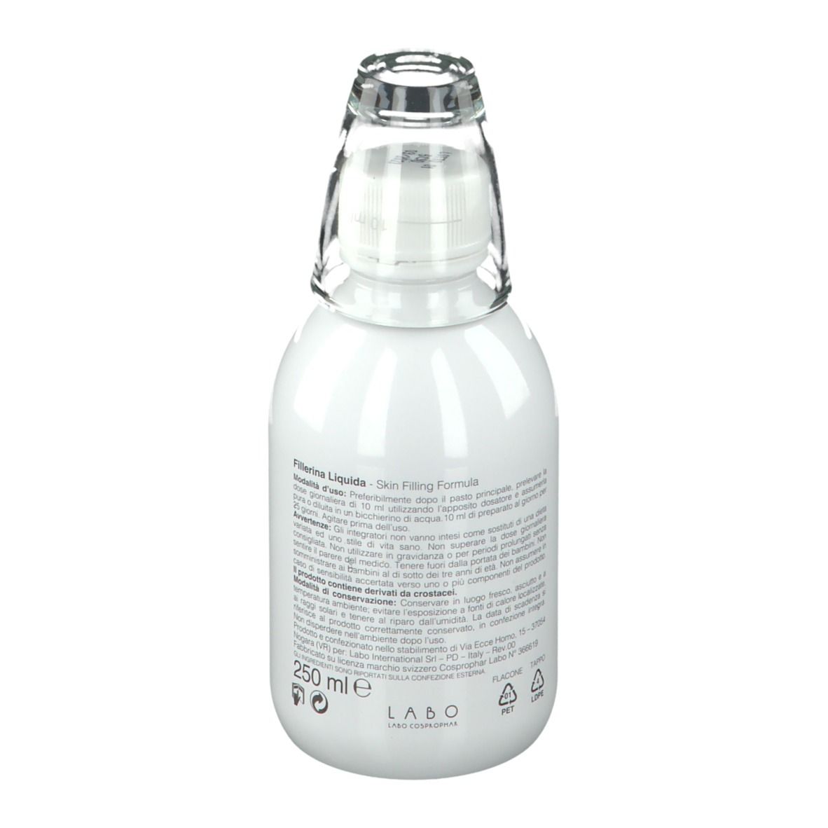 Weiße Flasche mit Glasaufsatz. Rückseite mit Produktinformationen und 250 ml Angabe.