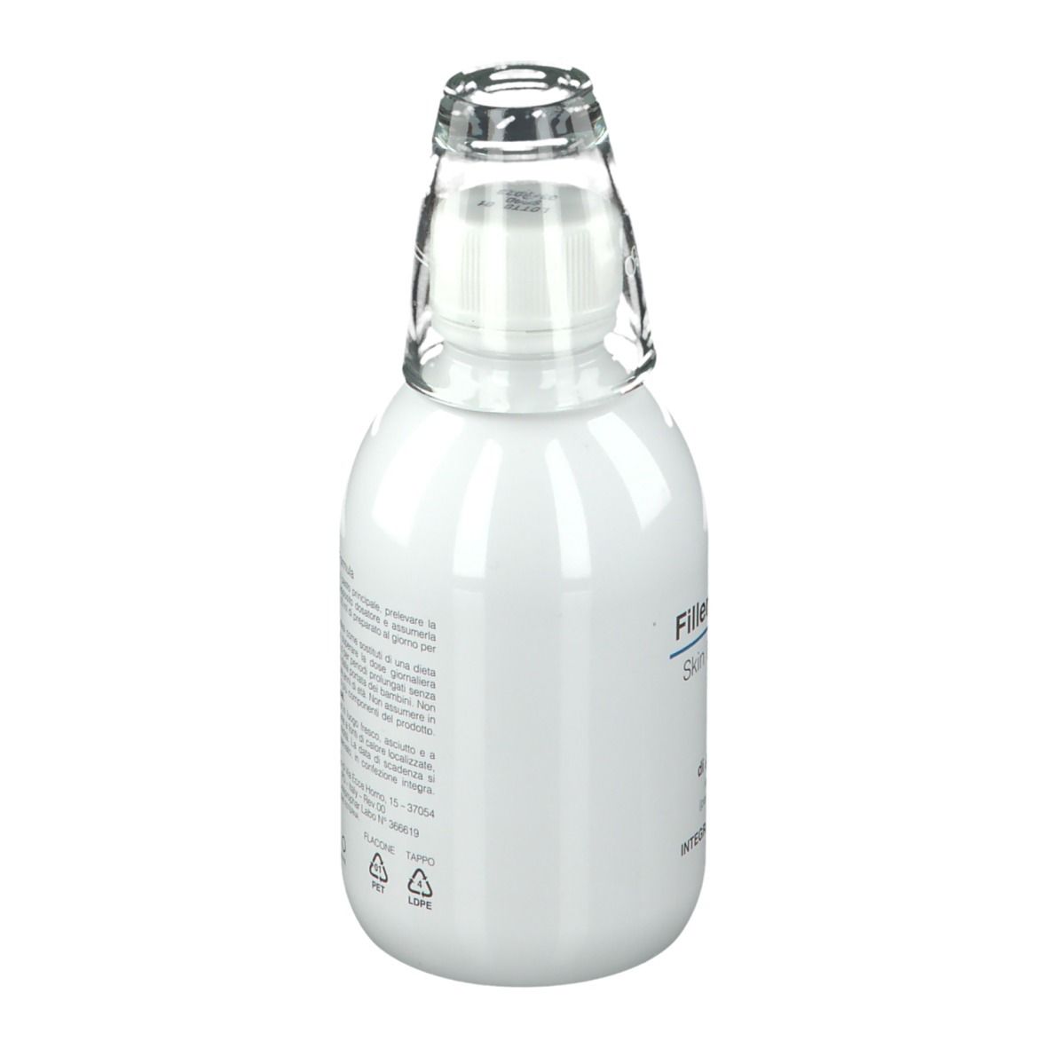 Weiße Flasche mit Glasaufsatz. Rückseite mit Produktinformationen. Recycling-Symbole.