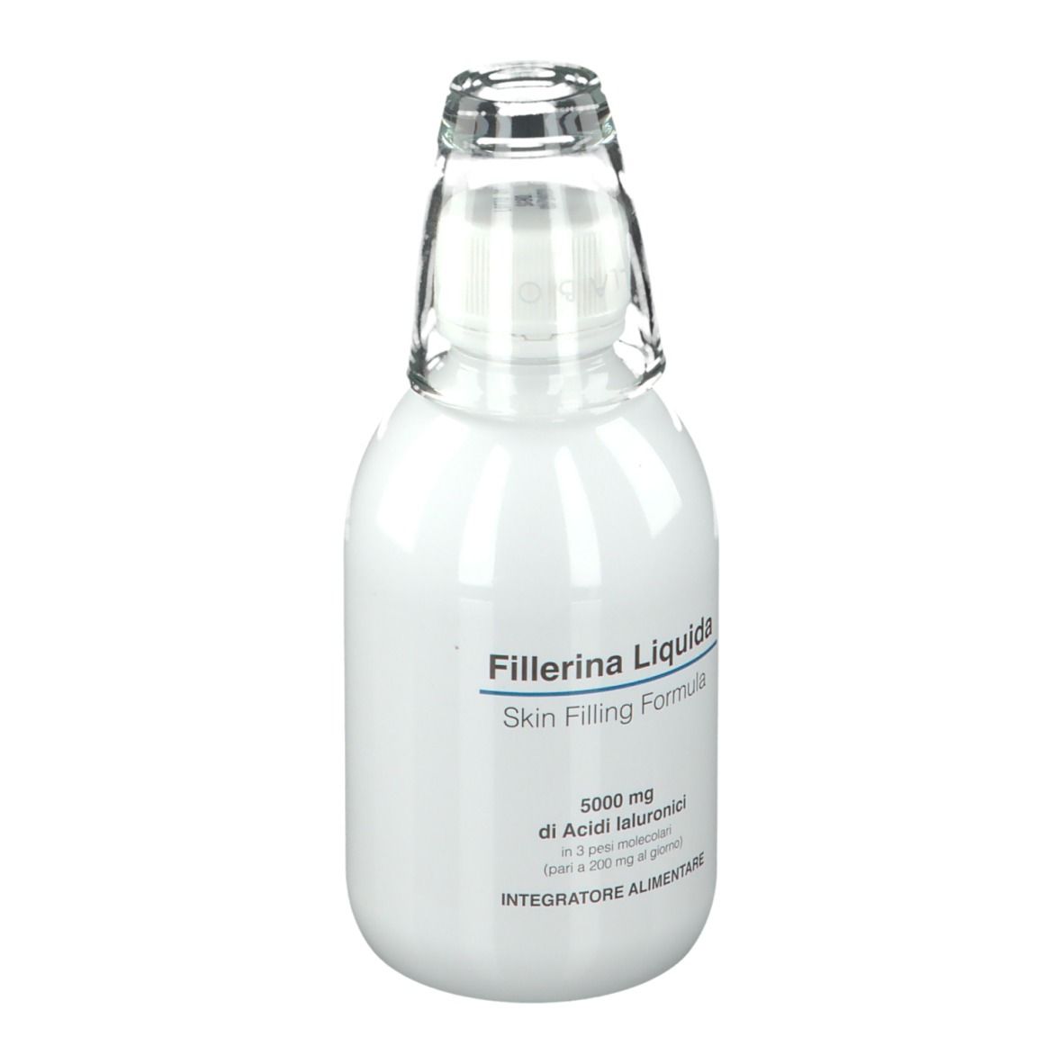 Weiße Flasche mit Glasaufsatz. Beschriftung: Fillerina Liquida, Skin Filling Formula. Enthält Hyaluronsäure.