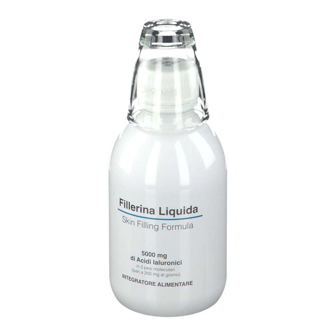 Weiße Flasche mit Glasaufsatz. Beschriftung: Fillerina Liquida, Skin Filling Formula. Enthält Hyaluronsäure.