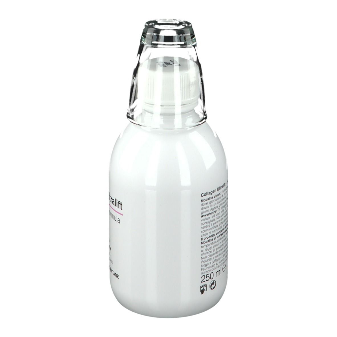 Weiße Flasche mit transparentem Aufsatz. Aufschrift: Collagen Ultralift Skin Density Formula. 250 ml.