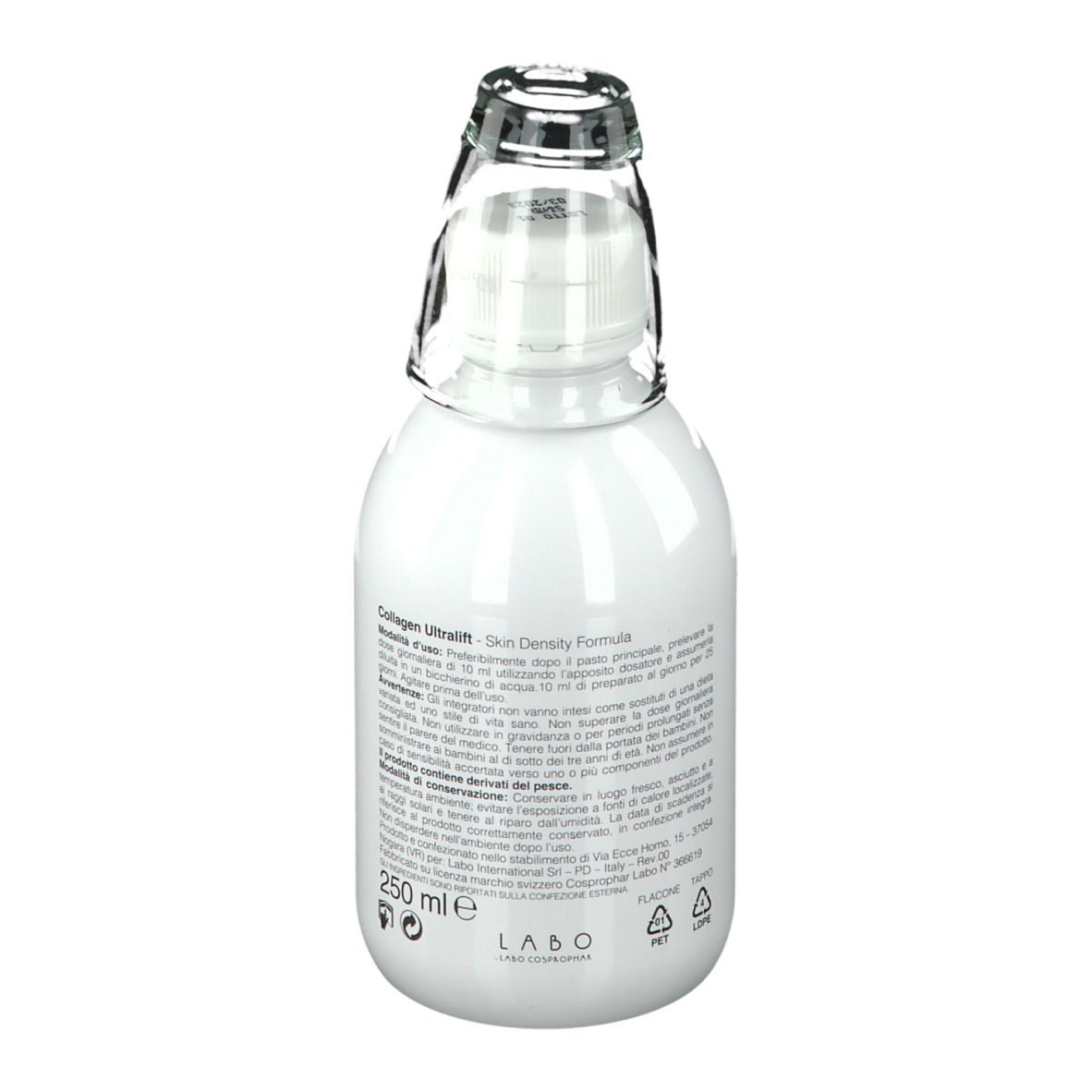Weiße Flasche mit transparentem Aufsatz. Aufschrift: Collagen Ultralift Skin Density Formula. 250 ml. Text auf Italienisch.