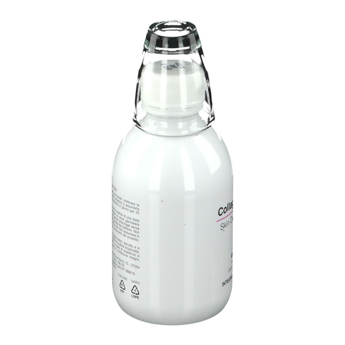 Weiße Flasche mit transparentem Aufsatz. Aufschrift: Collagen Ultralift Skin Density Formula. Text auf Italienisch.