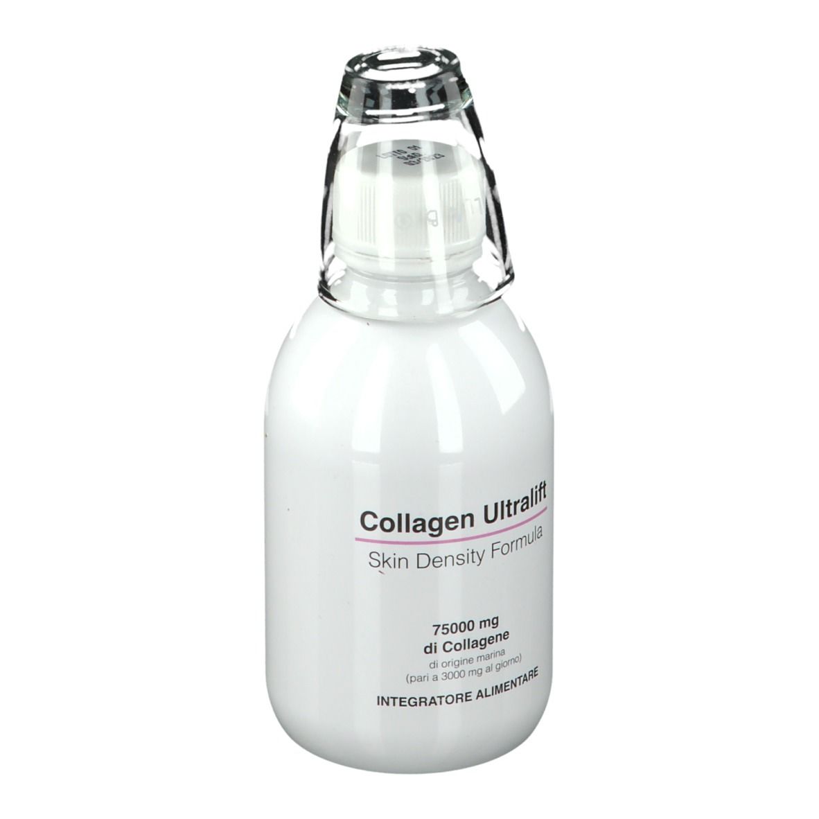 Weiße Flasche mit transparentem Aufsatz. Aufschrift: Collagen Ultralift Skin Density Formula. Enthält 75000 mg Kollagen.