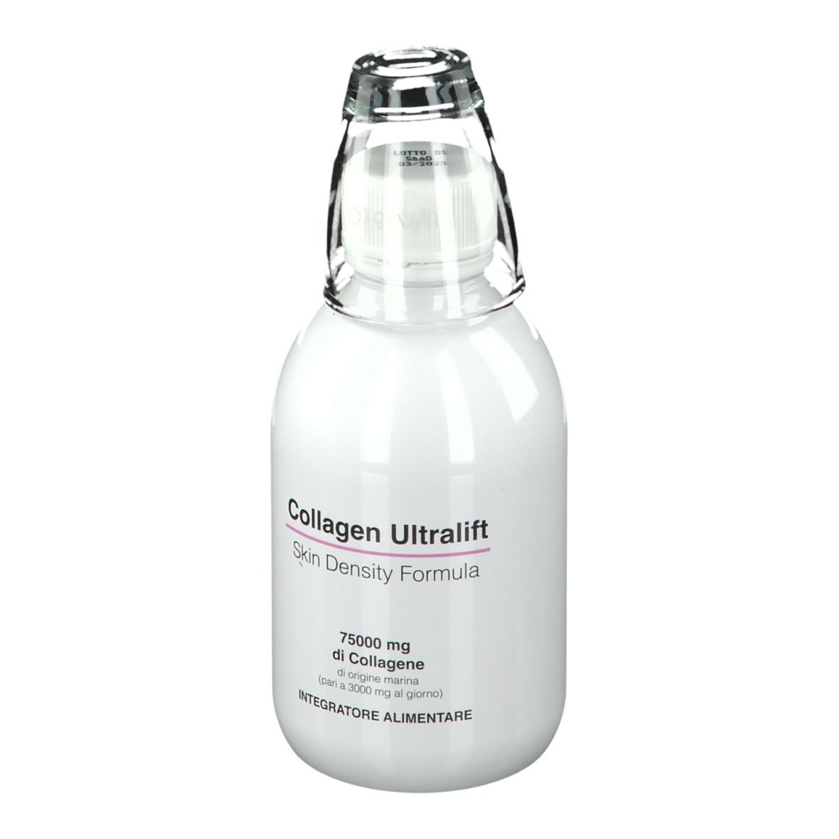 Weiße Flasche mit transparentem Aufsatz. Aufschrift: Collagen Ultralift Skin Density Formula. Enthält 75000 mg Kollagen.