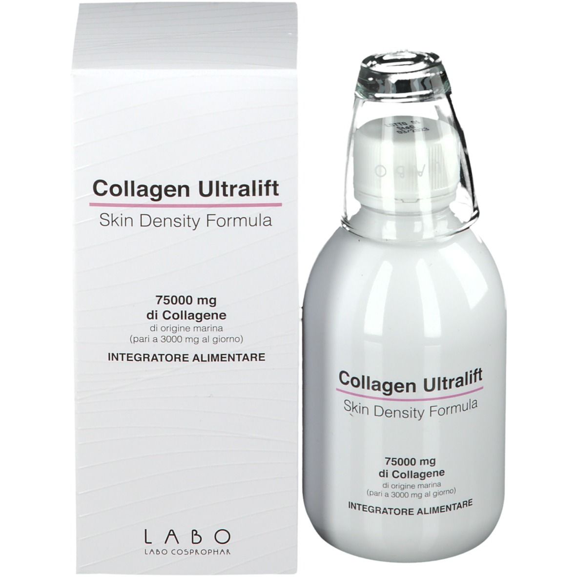 Collagen Ultralift Flasche und Verpackung. Aufschrift: Skin Density Formula. Enthält 75000 mg Kollagen. LABO Logo.
