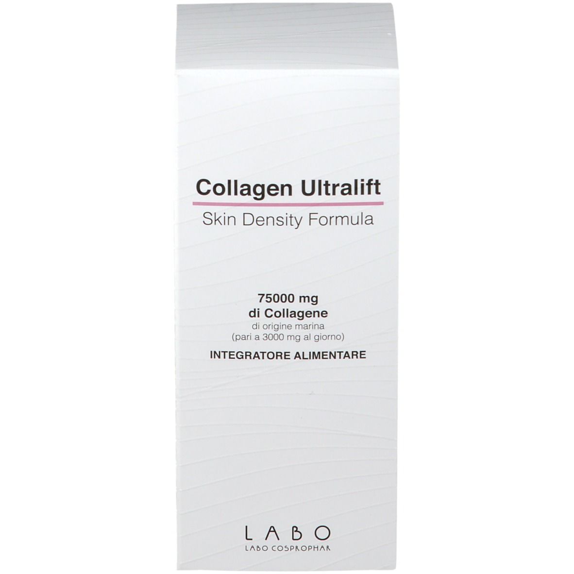 Verpackung von Collagen Ultralift. Aufschrift: Skin Density Formula. Enthält 75000 mg Kollagen. LABO Logo.