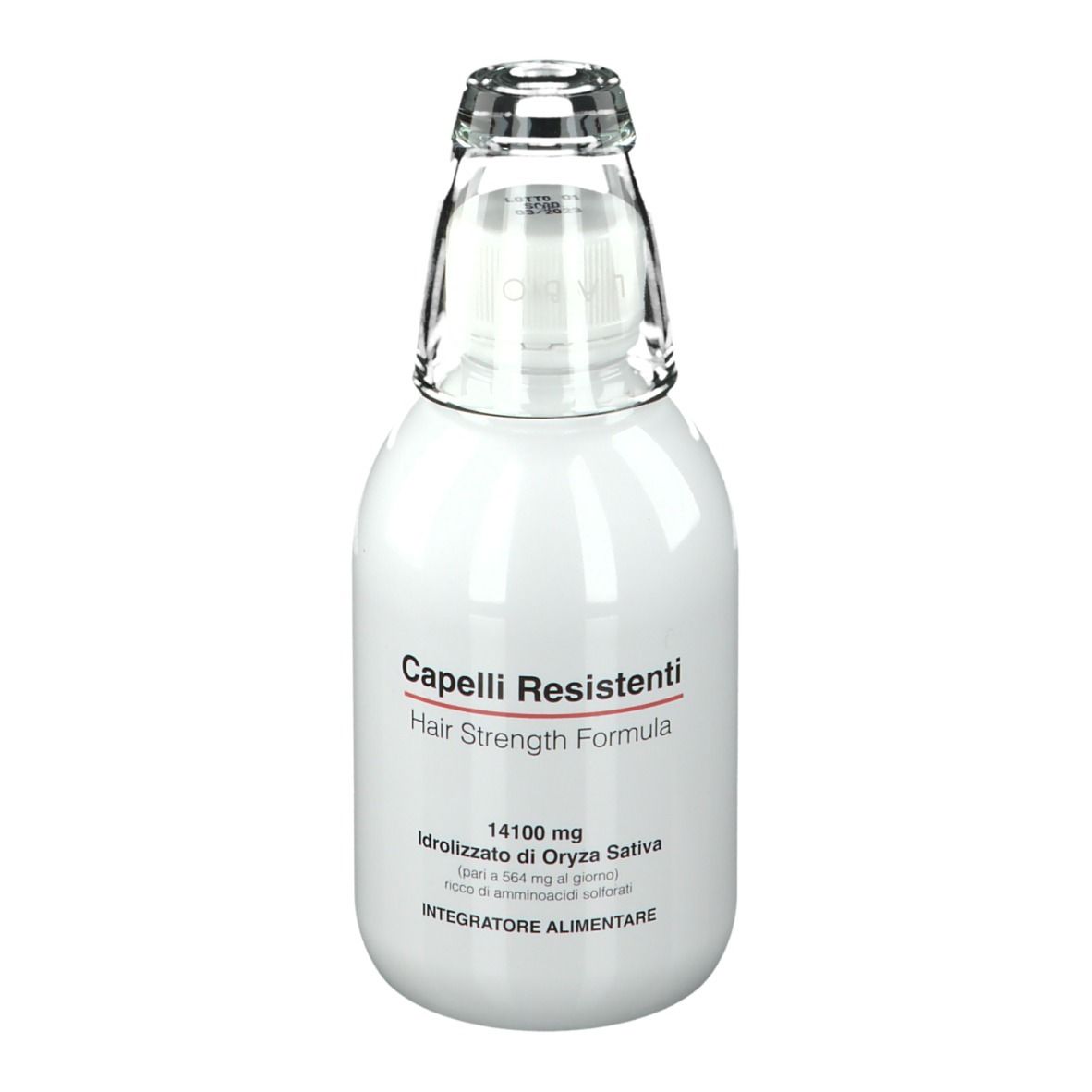 Bouteille blanche avec bouchon en verre. Inscription : Capelli Resistenti, Hair Strength Formula. Texte : 14100 mg, Idrolizzato di Oryza Sativa.